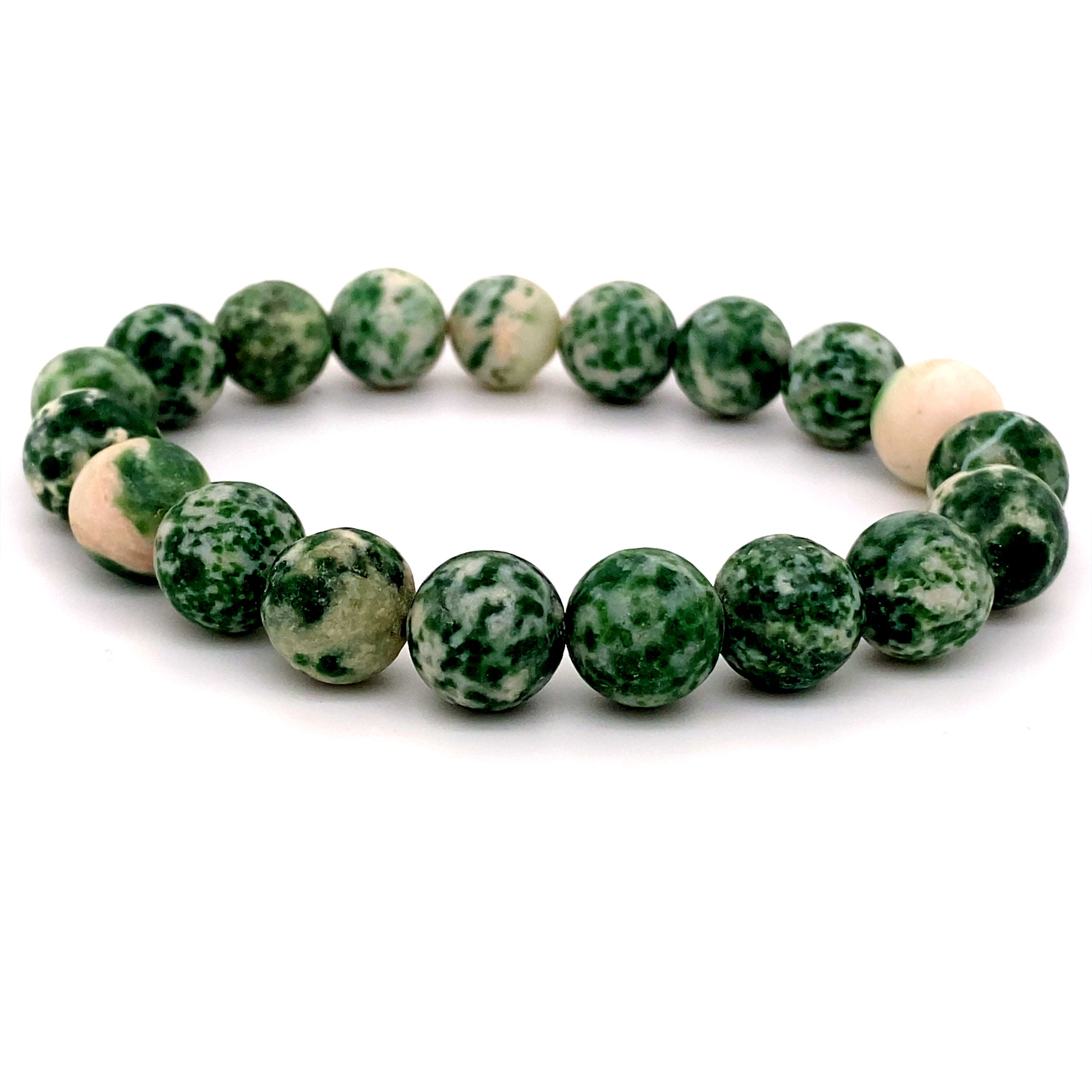 4mm Beaded Stone Bracelets made of round green-and-white mottled beads, arranged symmetrically, displayed on a white background.