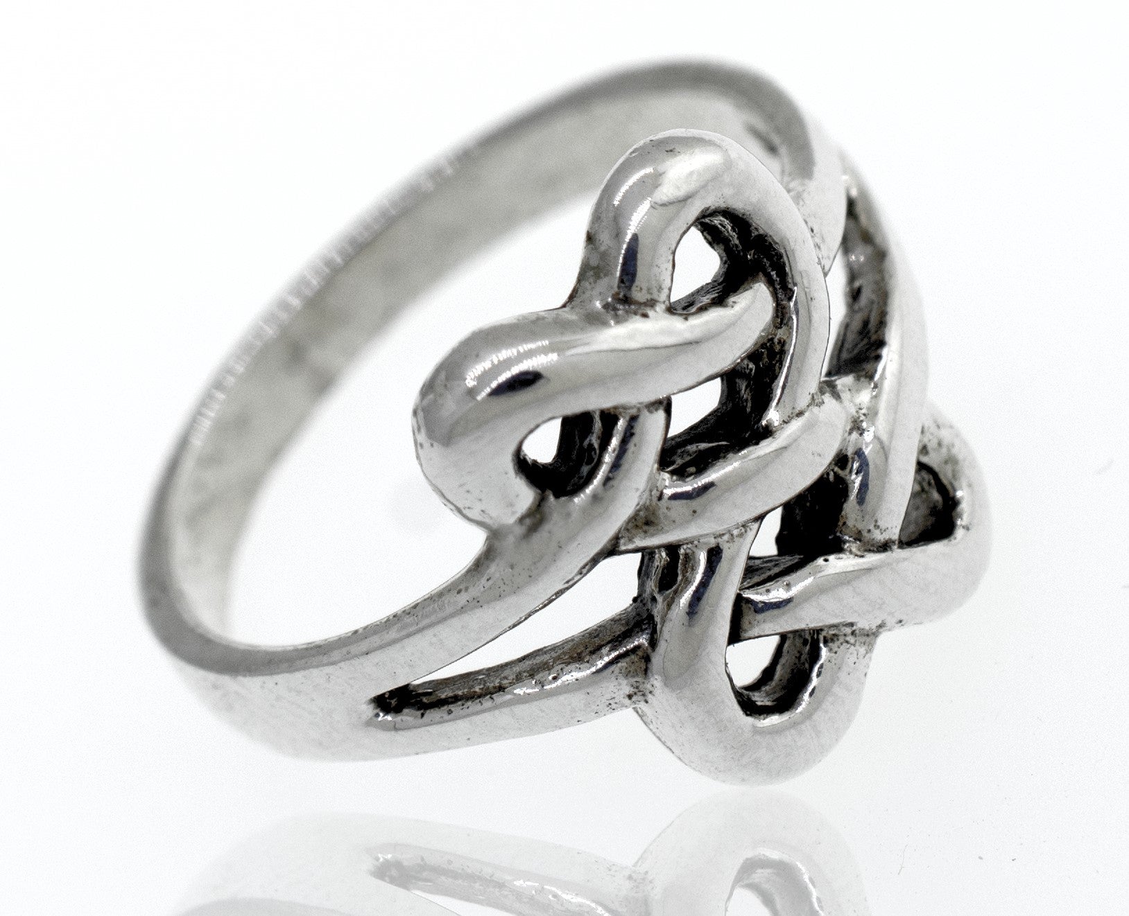 A sterling silver Celtic Knot Design Ring with an oxidized finish.