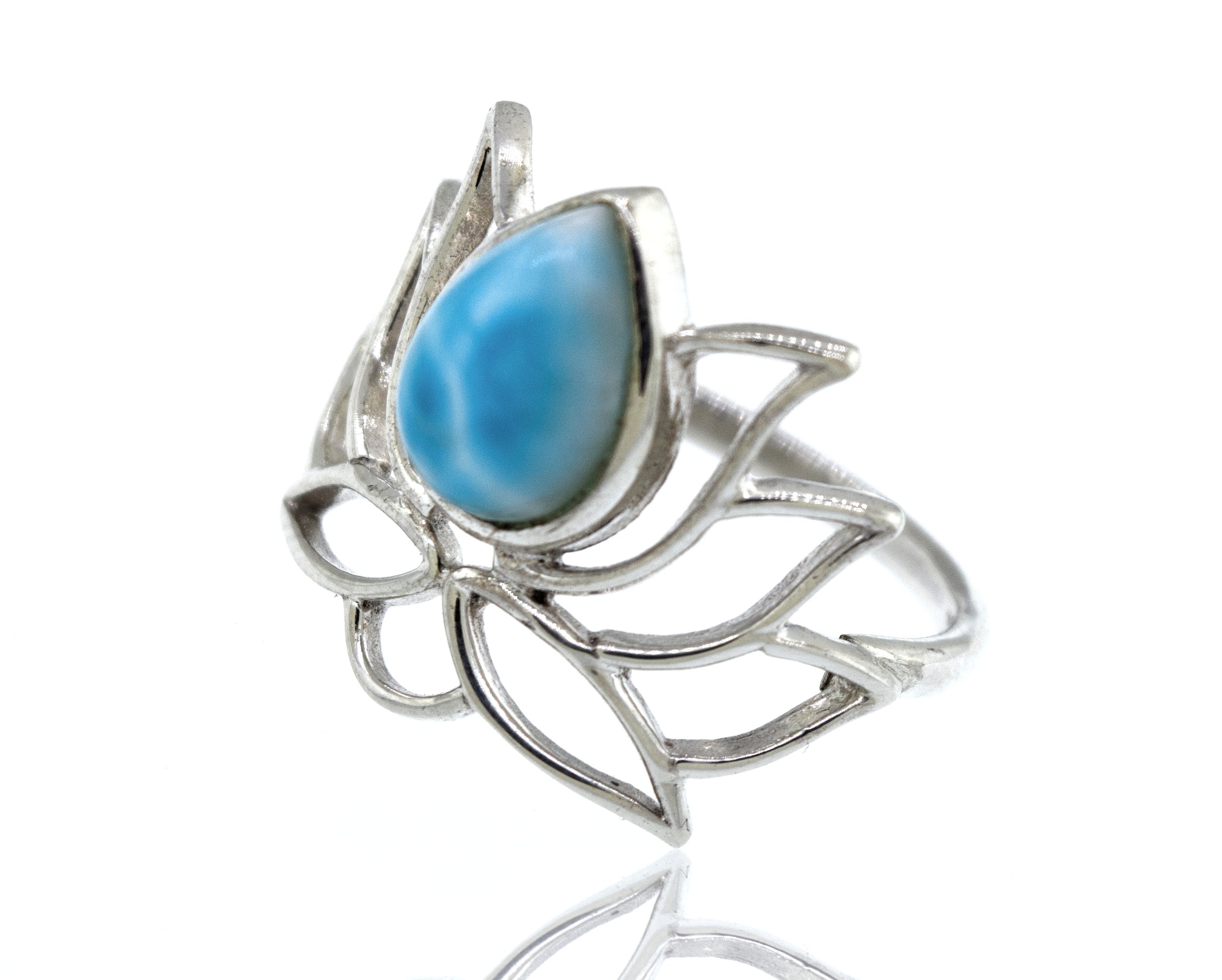 Online Exclusive Teardrop Stone Lotus Ring with a blue teardrop gemstone set in an abstract, leafy design, displayed against a white background.
