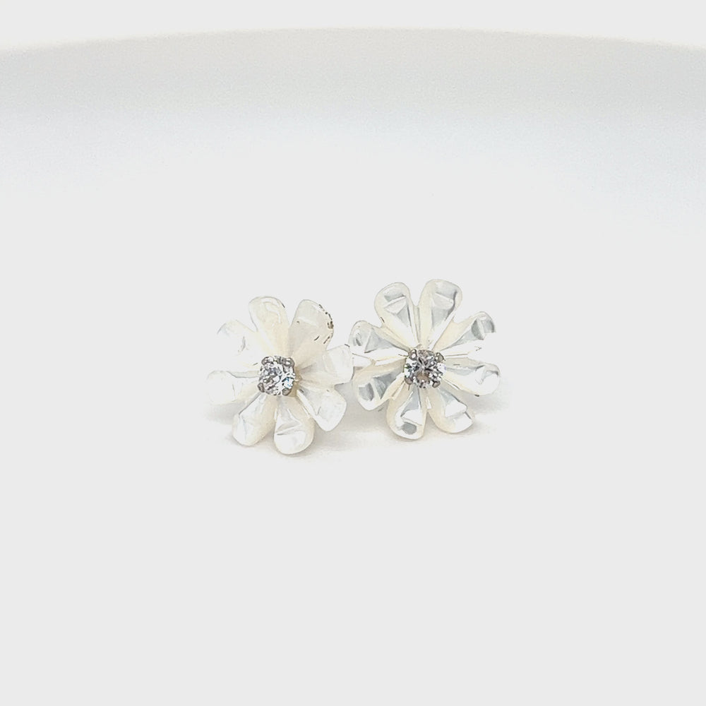 
                  
                    Load and play video in Gallery viewer, Mother of Pearl Flower with Cubic Zirconia Center Studs
                  
                