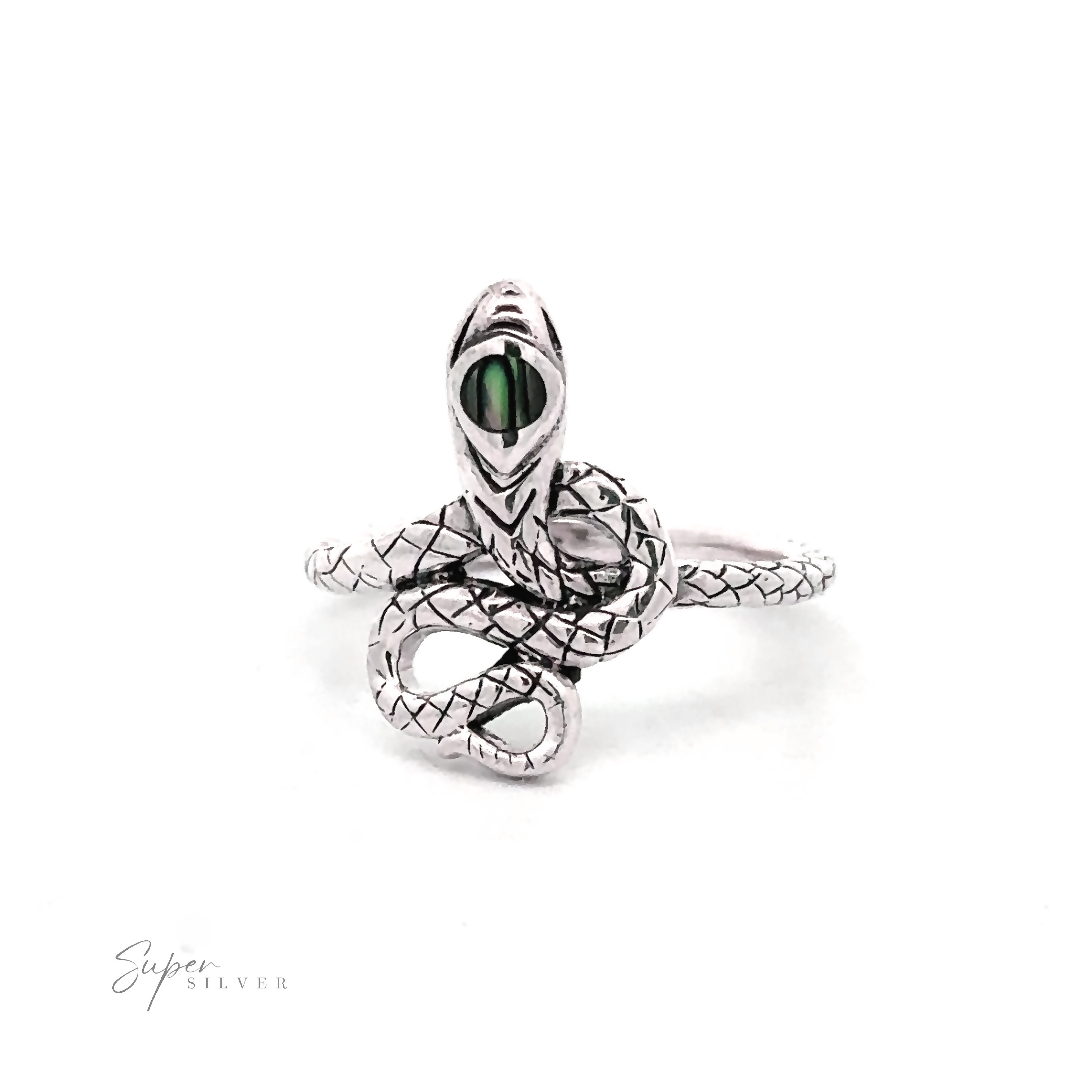 A sterling silver Coiled Snake Ring with Inlaid Stone, featuring a design of a coiled snake with green eye detail. The brand name "Super Silver" is visible at the bottom left. This transformation jewelry piece is set against a white background.