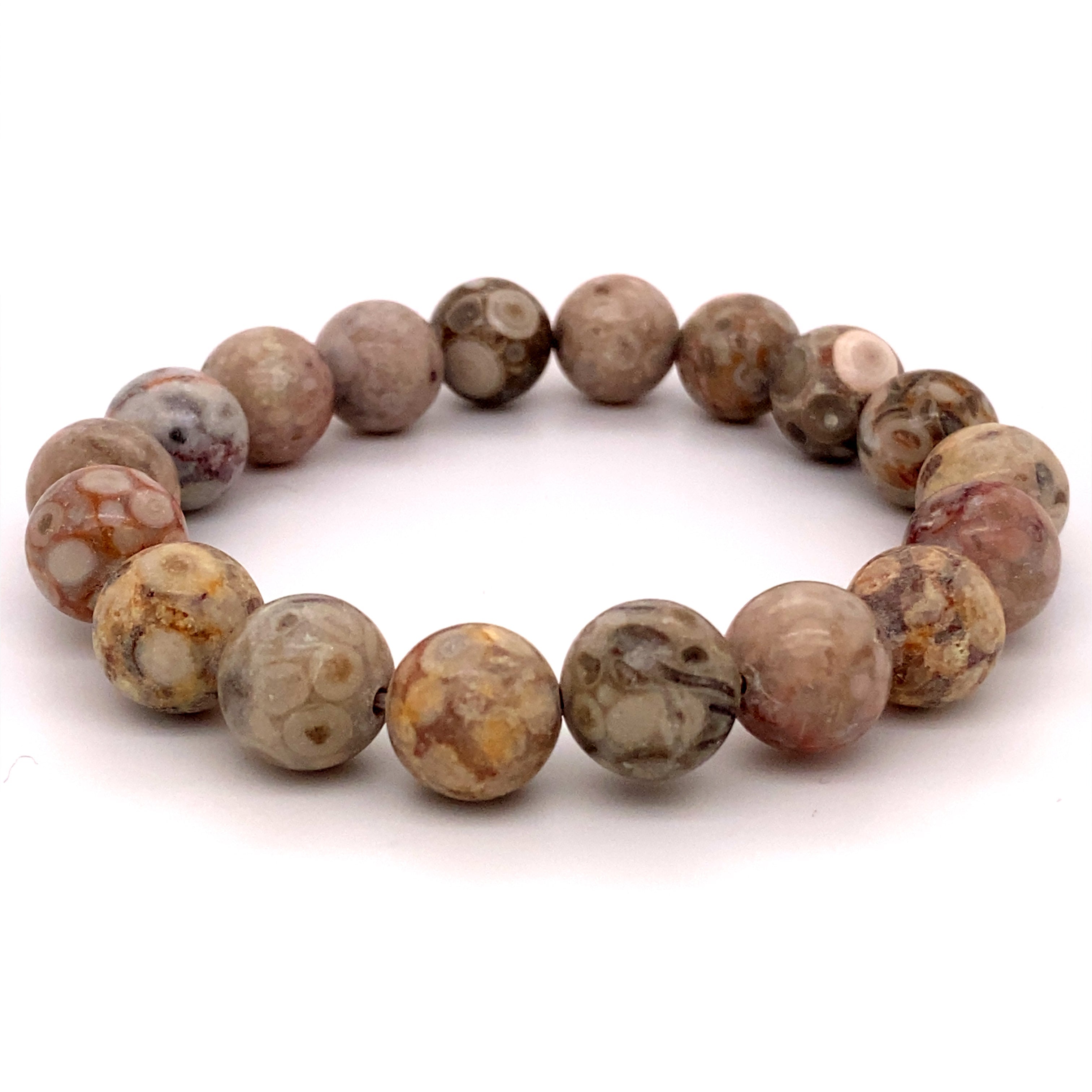 A 4mm Beaded Stone Bracelets made of variegated brown and beige round beads, including Red Agate and Tigers Eye gemstones, arranged in a circle against a white background.
