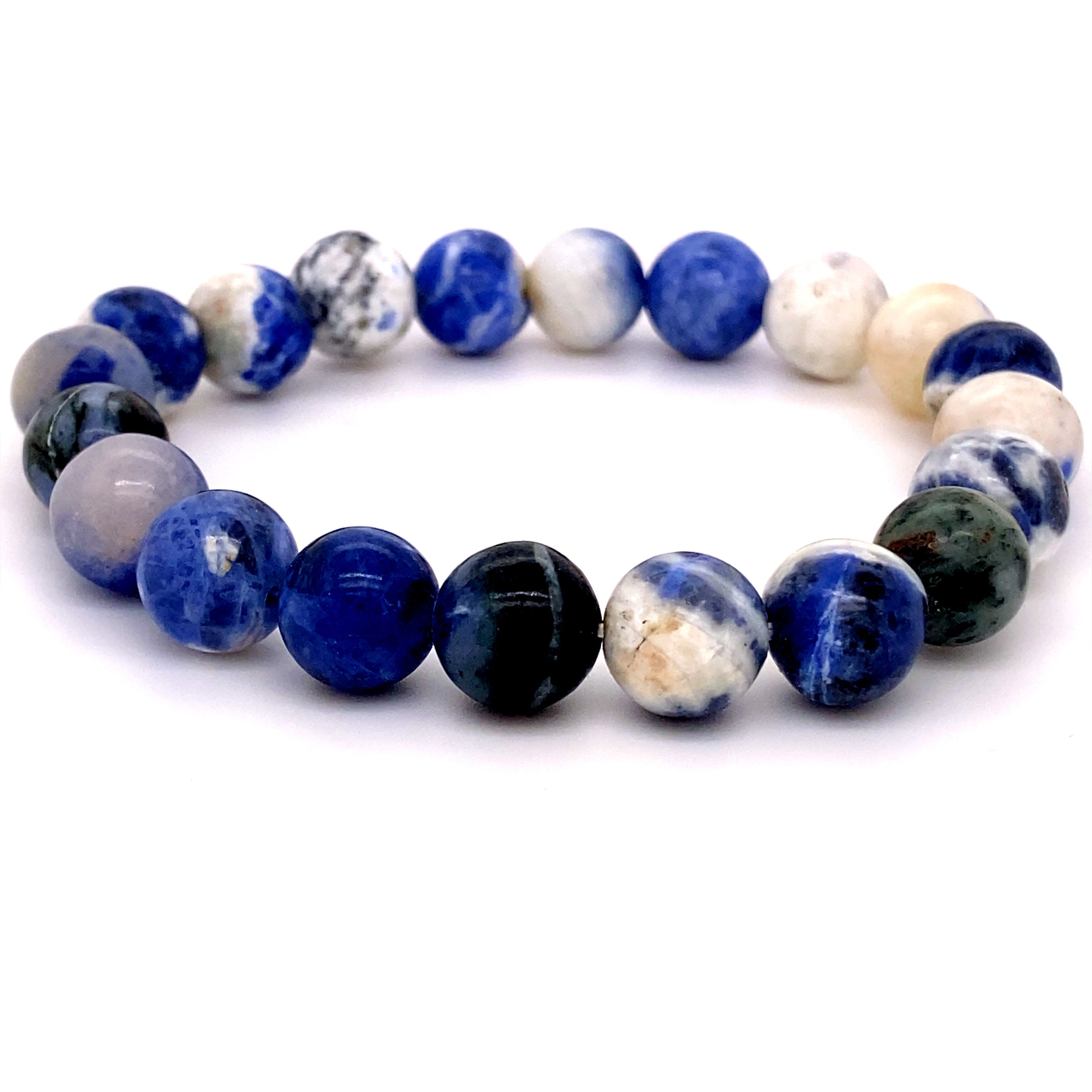 Stretch bracelet made of various shades of blue and white 4mm beaded sodalite stone beads, designed as a healing stone bracelet on a white background.