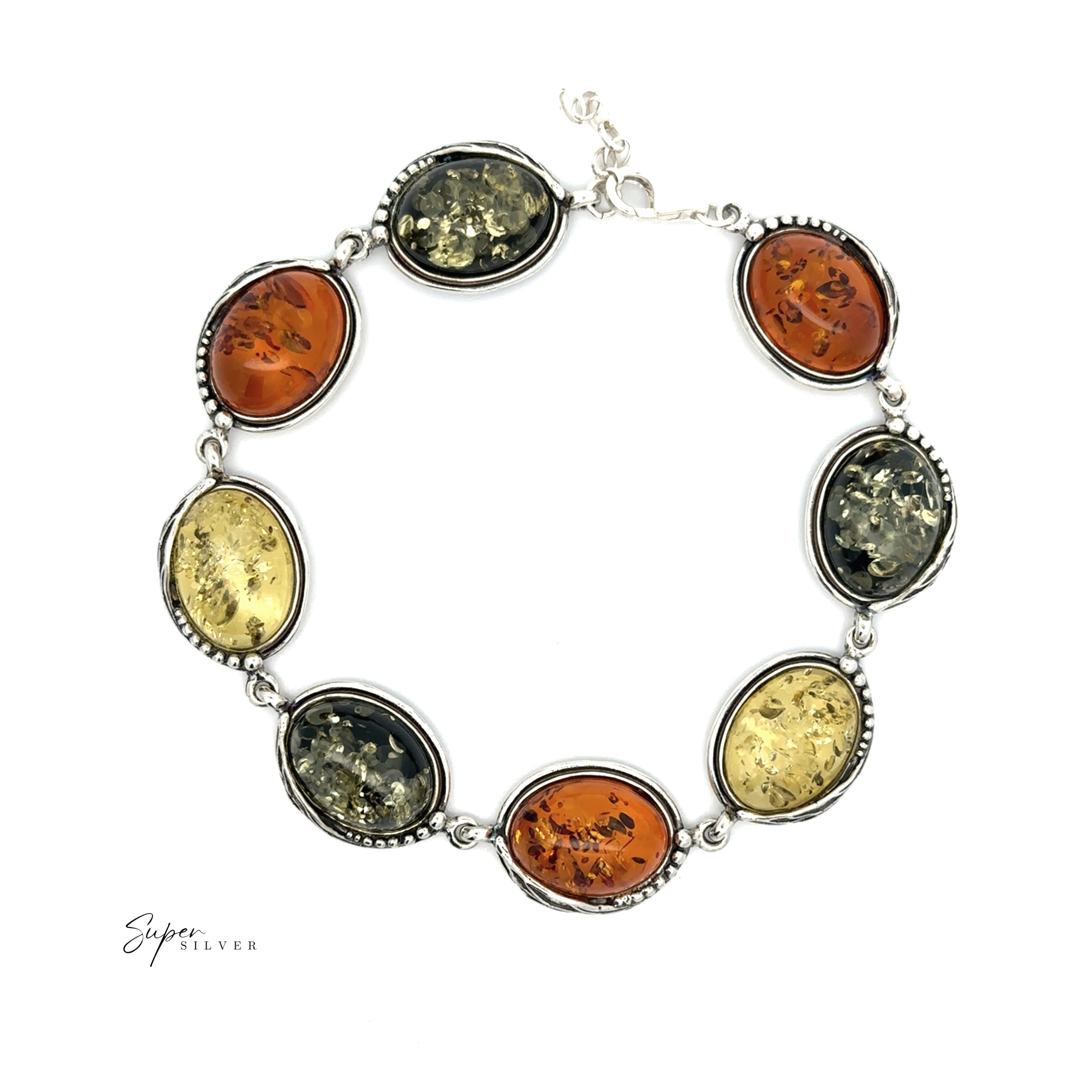 The Oval Amber Link Bracelet With Leaf Detail exudes classic elegance, showcasing oval stones in shades of amber, yellow, and green set in silver links.