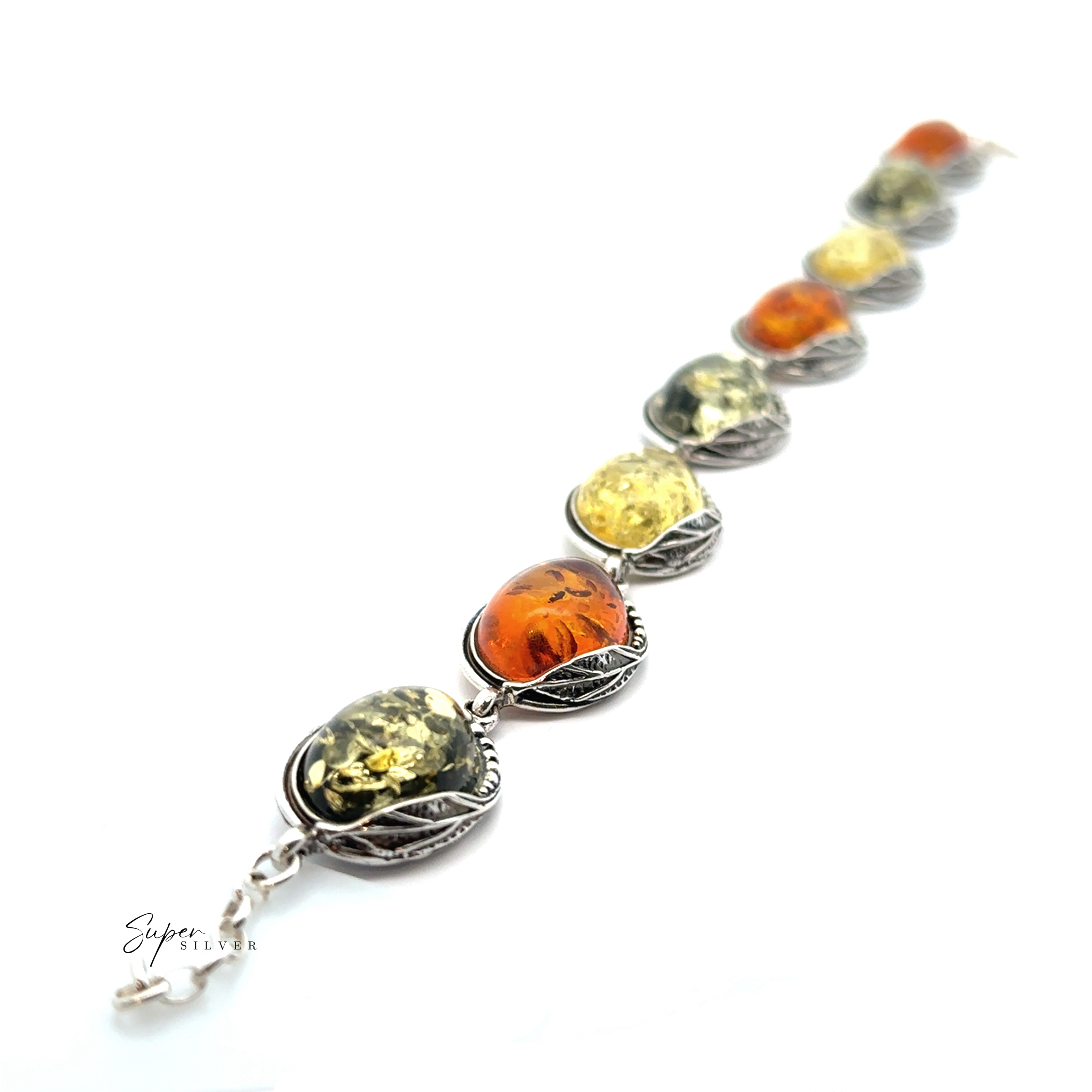 Introducing the Oval Amber Link Bracelet With Leaf Detail: a stunning silver piece showcasing seven Baltic amber stones in alternating hues of orange and yellow, each encircled by an intricate leaf pattern, offering timeless elegance and vintage charm.