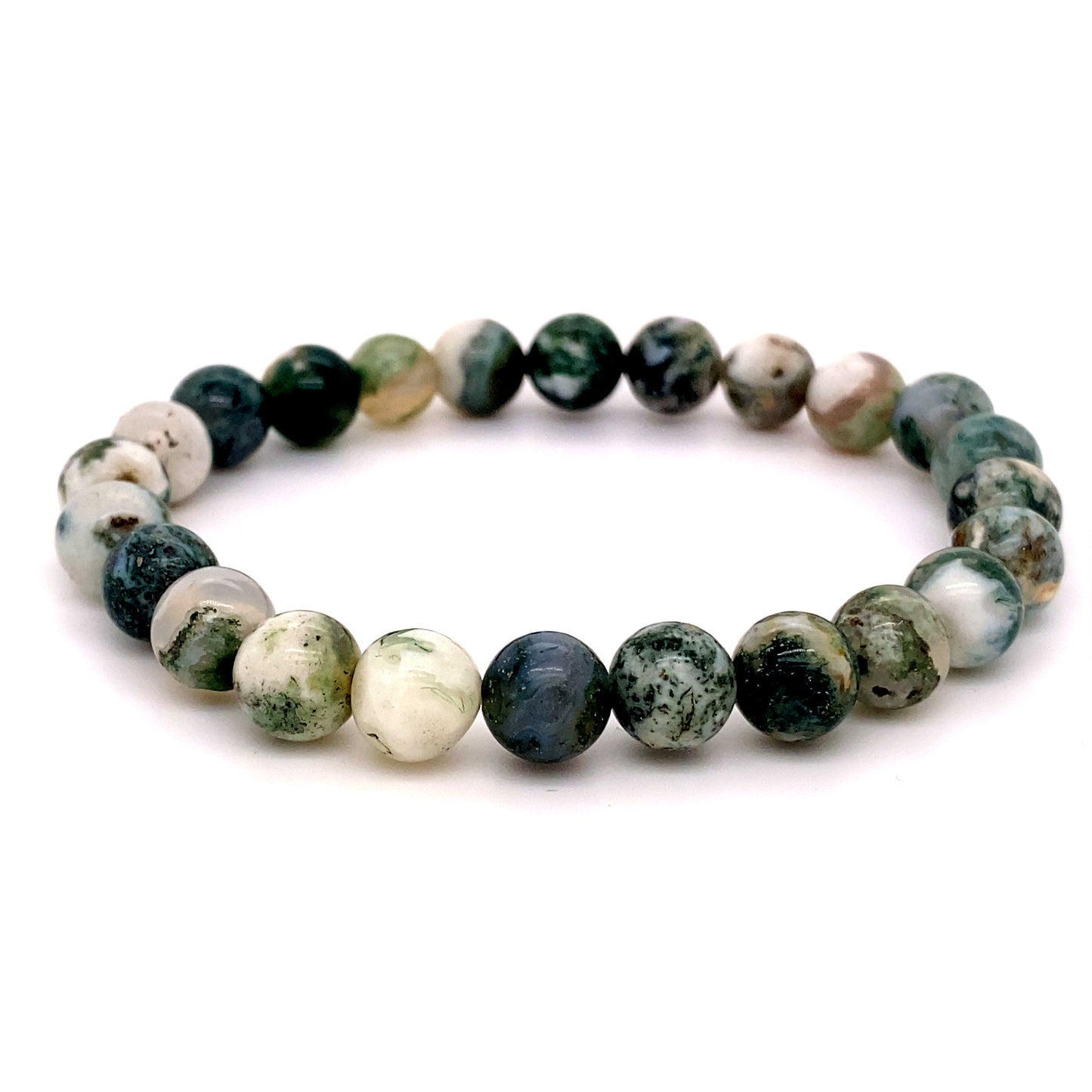 
                  
                    4mm Beaded Stone Bracelet made of varied polished moss agate beads, showcasing different shades of green, gray, and white, against a white background. This healing stone bracelet is ideal for those seeking the soothing properties attributed to agate gemstones.
                  
                