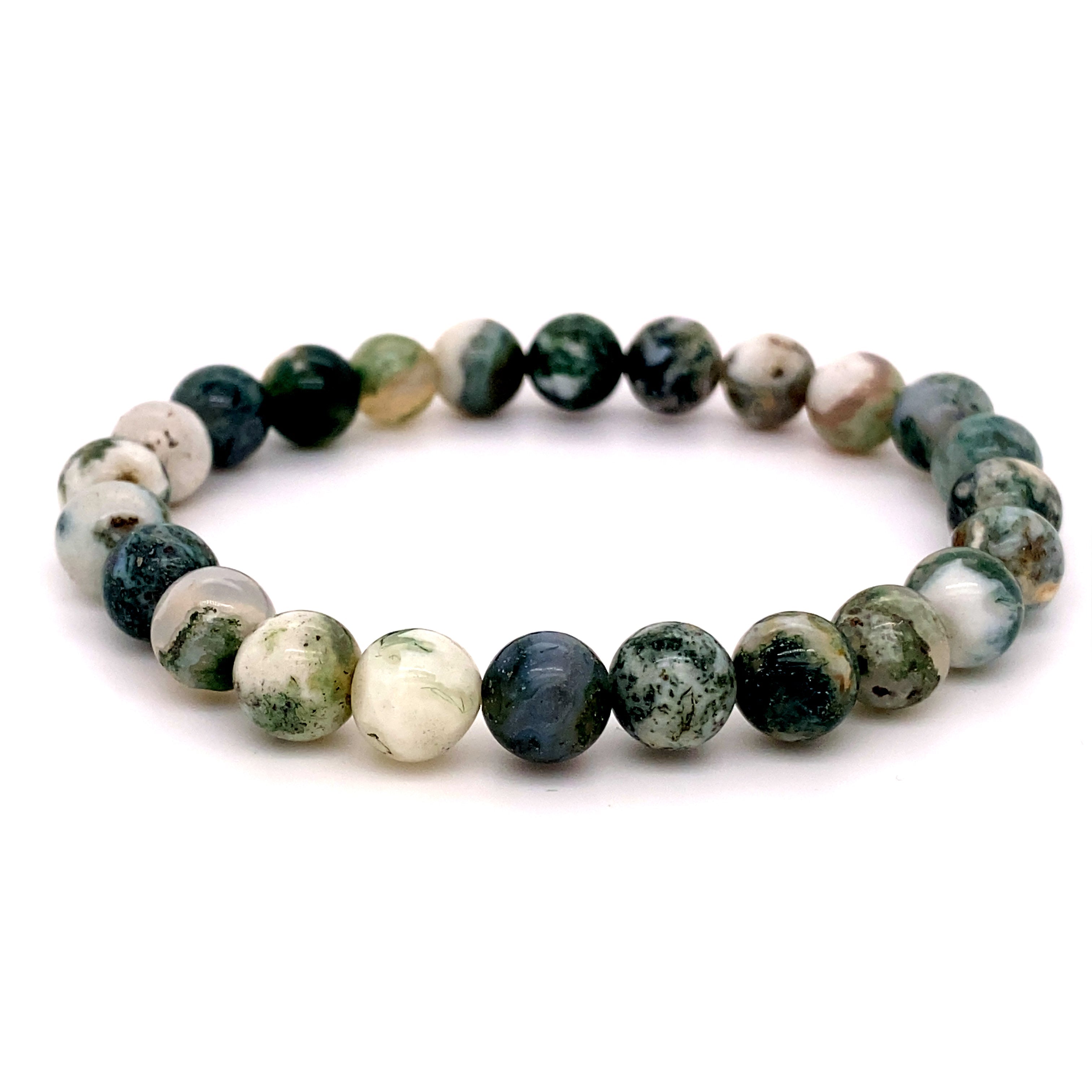 4mm Beaded Stone Bracelet made of varied polished moss agate beads, showcasing different shades of green, gray, and white, against a white background. This healing stone bracelet is ideal for those seeking the soothing properties attributed to agate gemstones.
