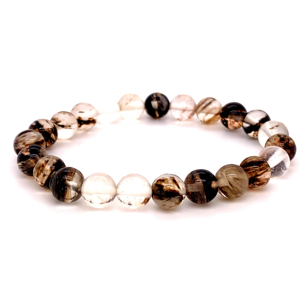
                  
                    A 4mm Beaded Stone Bracelet made of round, multicolored Red Agate, Rose Quartz, and Tigers Eye beads with a translucent and smoky appearance, arranged symmetrically on a white background.
                  
                