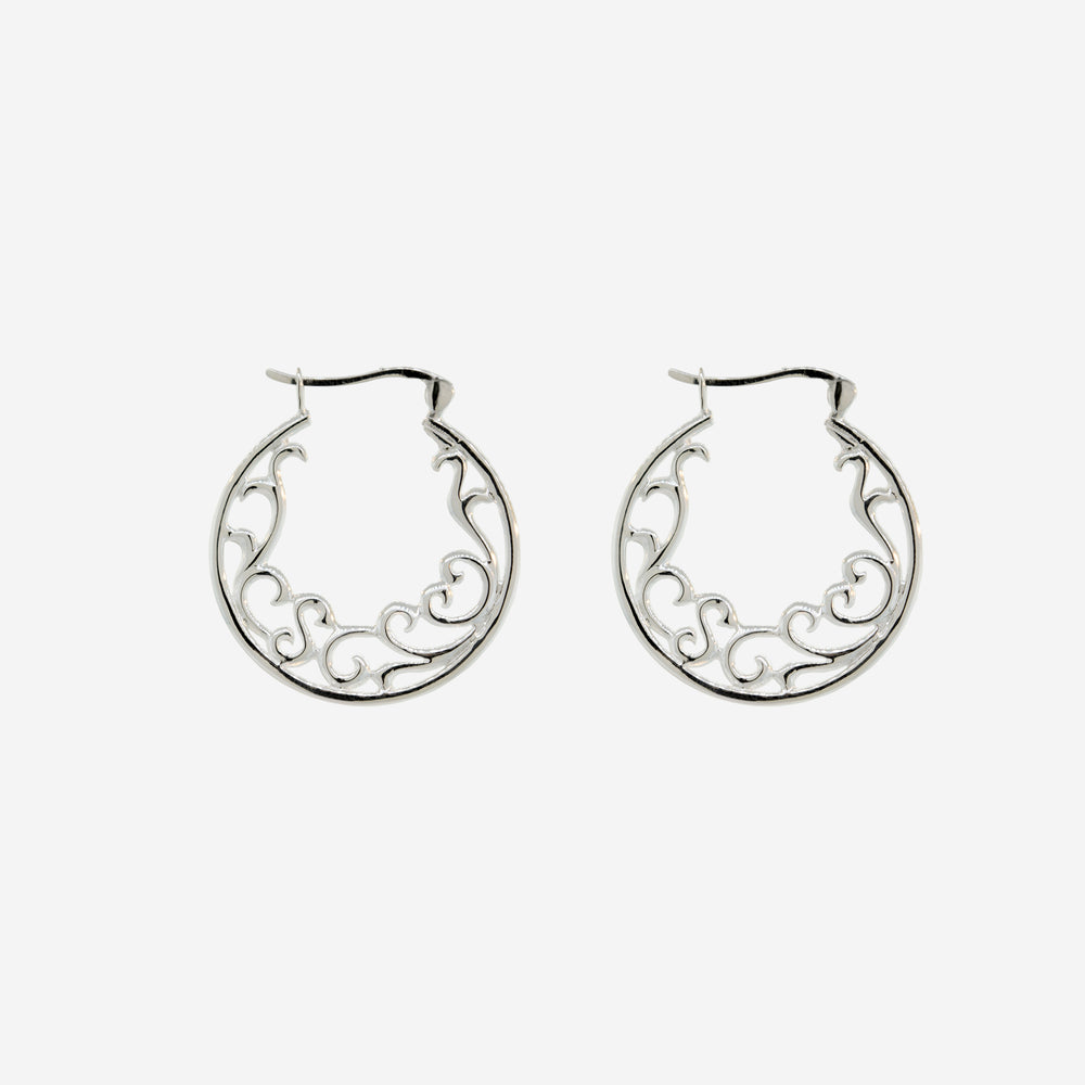 A pair of Open Filigree Hinge Hoop earrings by Super Silver, with ornate floral designs, perfect for everyday wear.