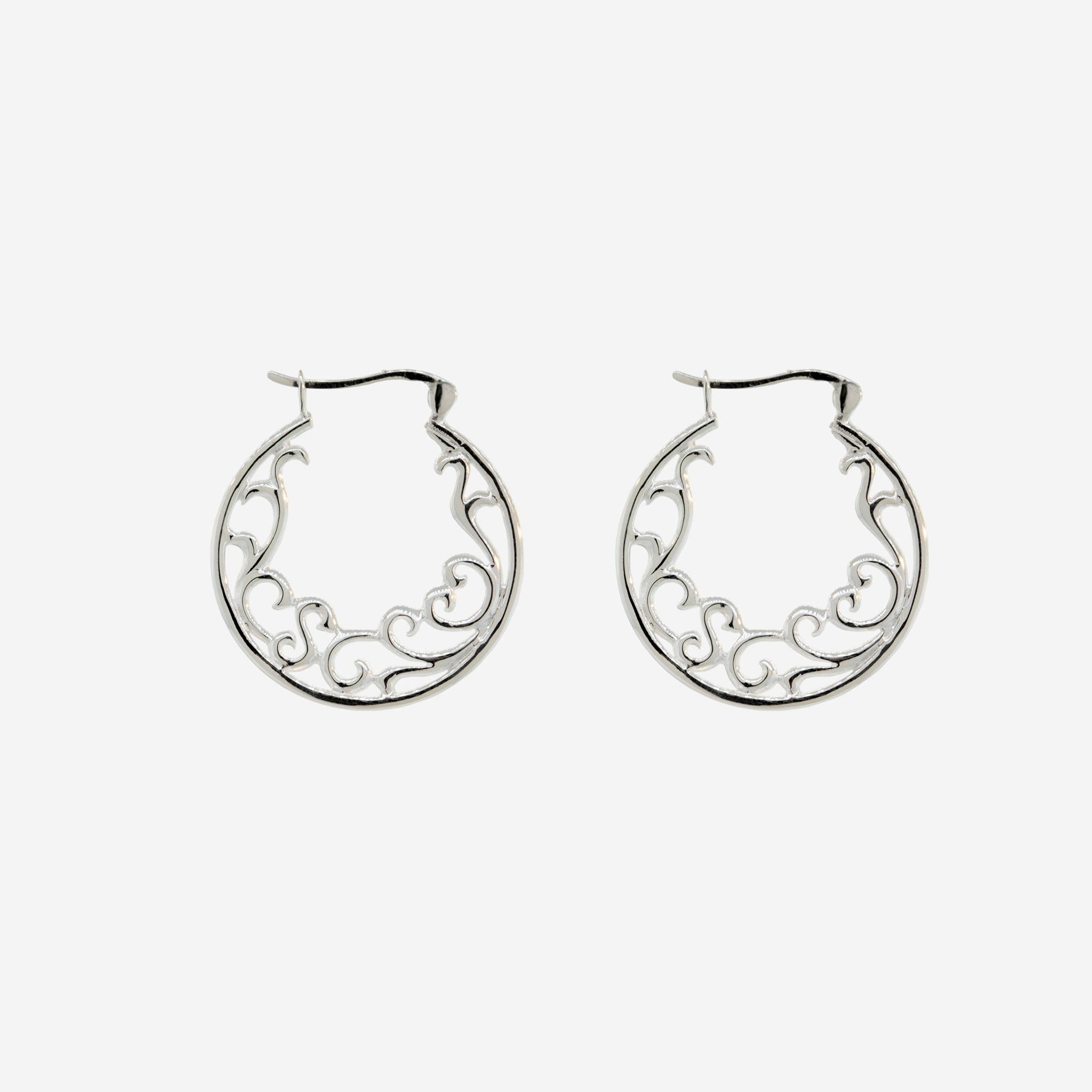 A pair of Open Filigree Hinge Hoop earrings by Super Silver, with ornate floral designs, perfect for everyday wear.