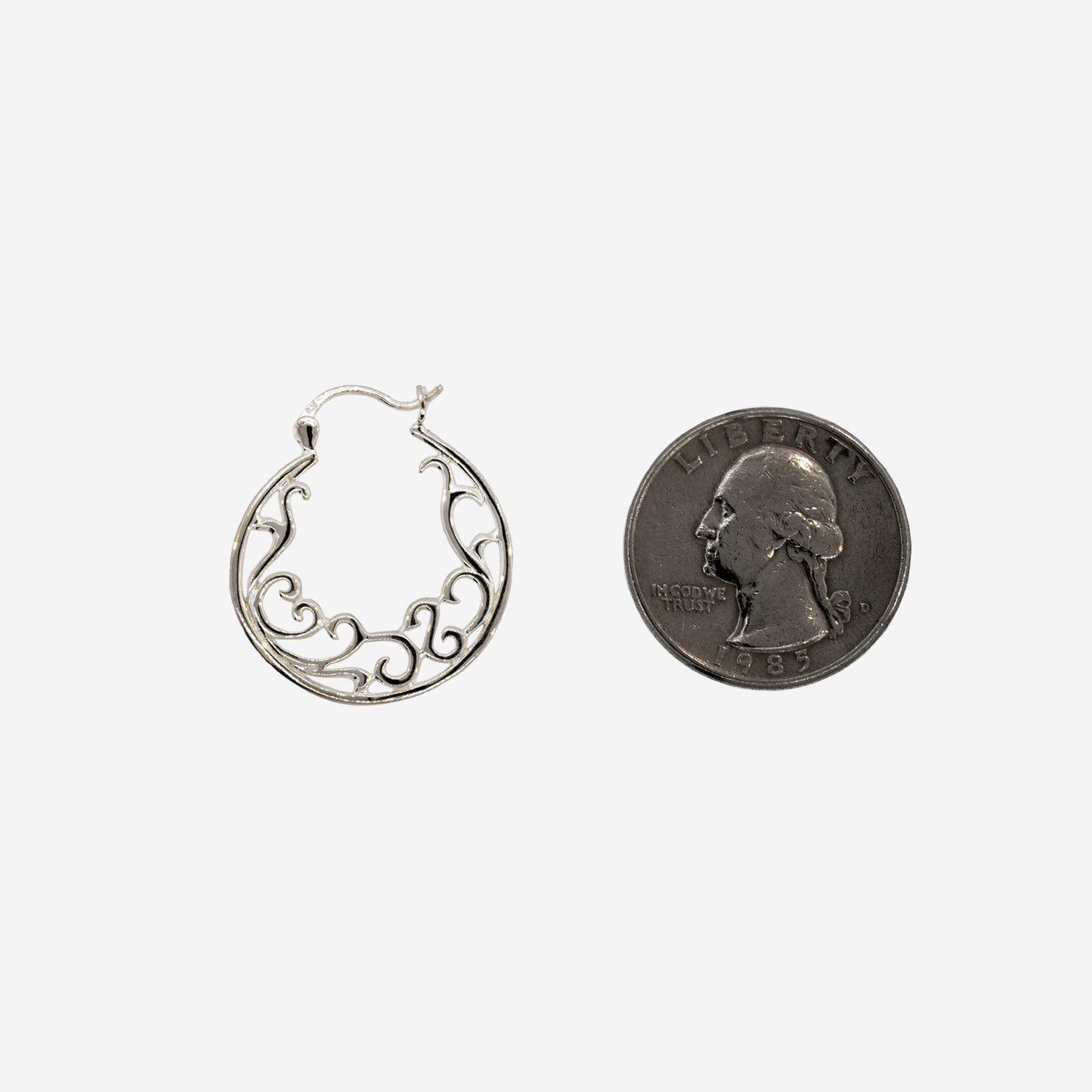 A pair of Super Silver Open Filigree Hinge Hoop earrings, perfect for everyday wear.