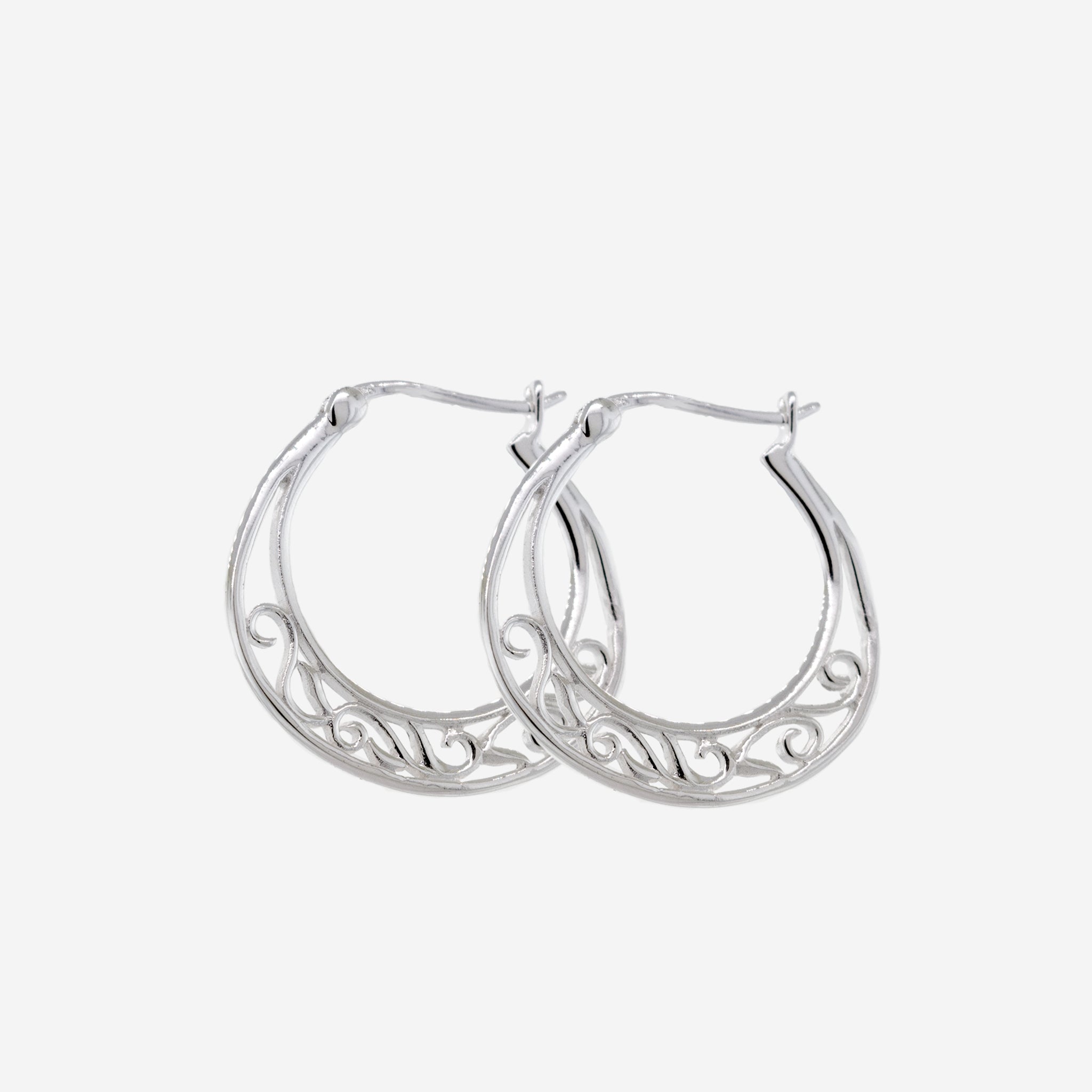 A pair of Super Silver Simple Open Hoops with Filigree Design on a white background.