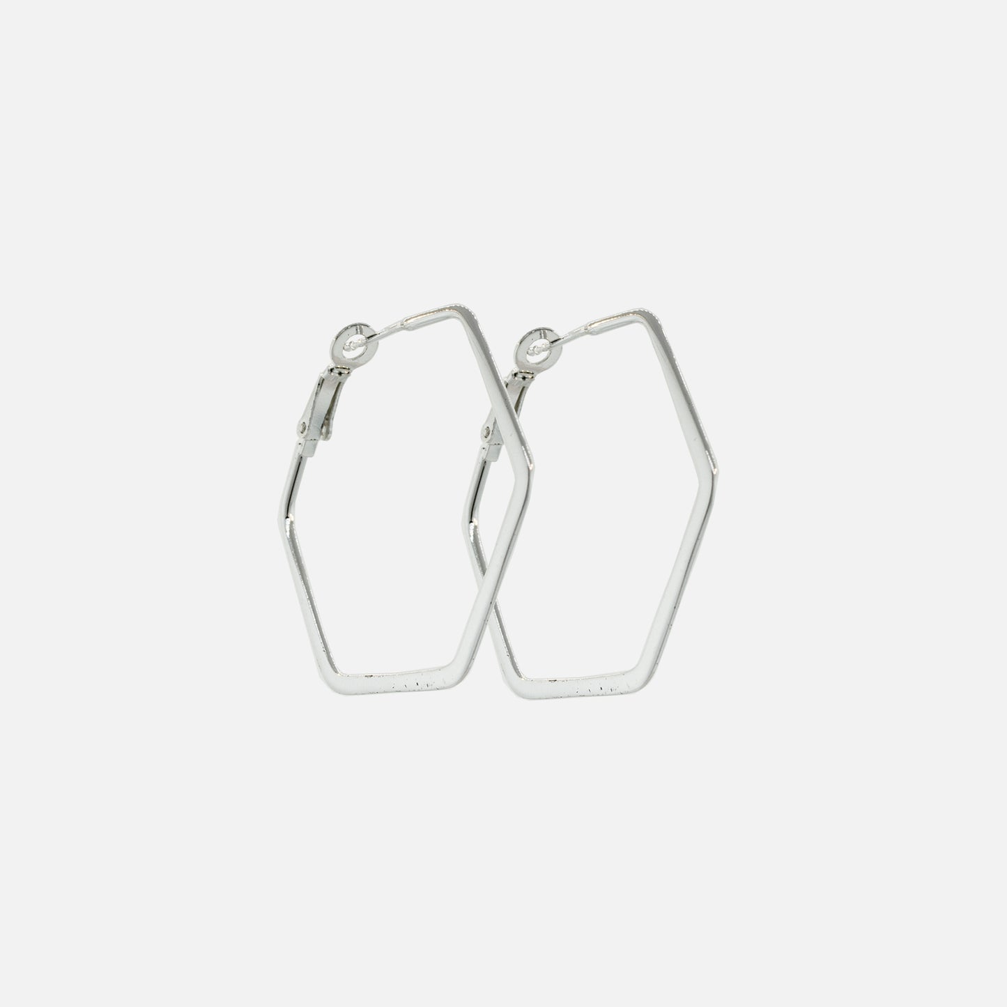 A pair of Super Silver Flat Hexagon Hinged Hoops on a white background.