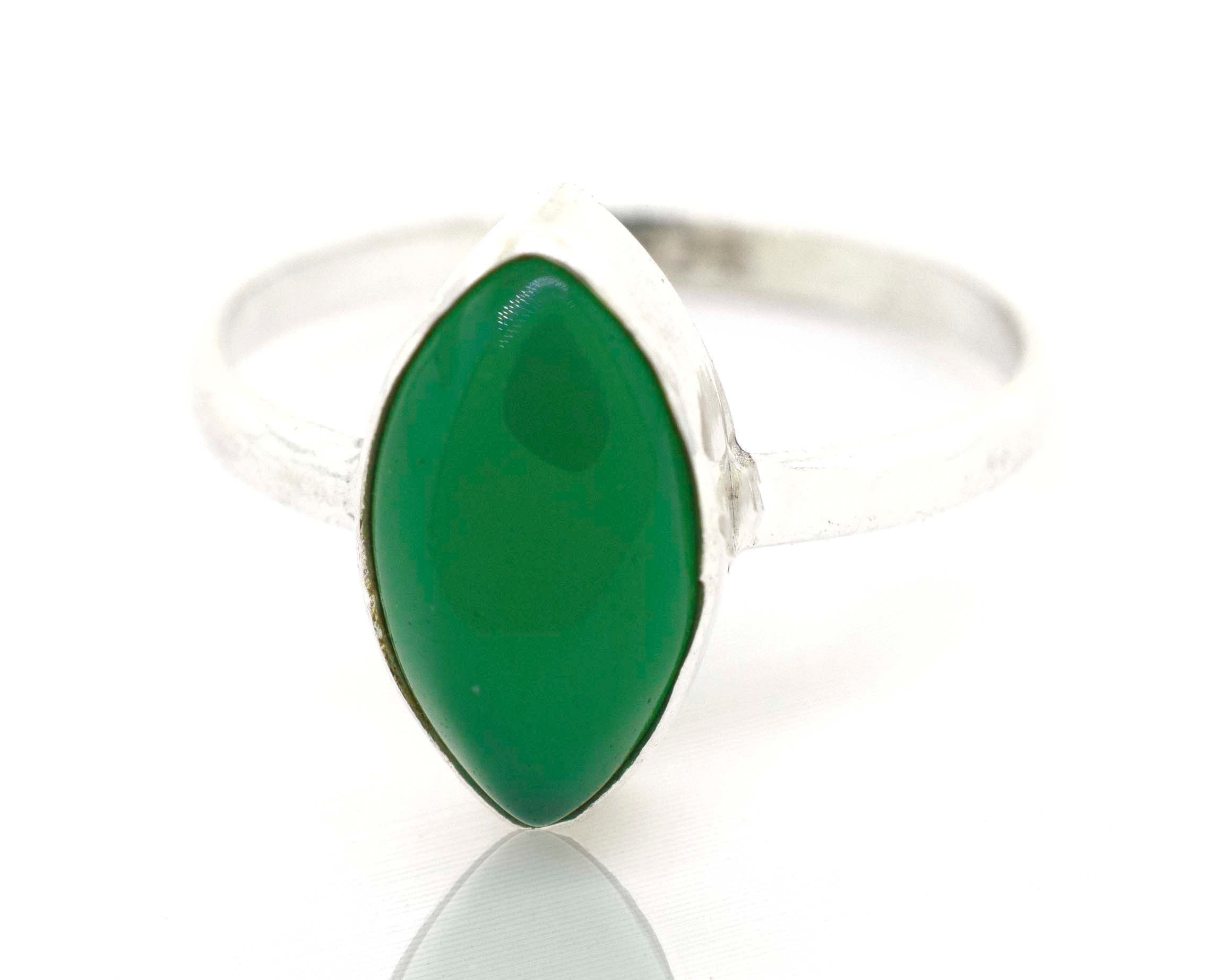 A boho Simple Marquise Shaped Gemstone Ring with a green jade cabochon stone.