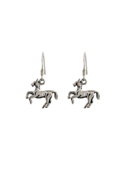 A pair of Super Silver horse earrings on a white background, perfect for horse lovers.