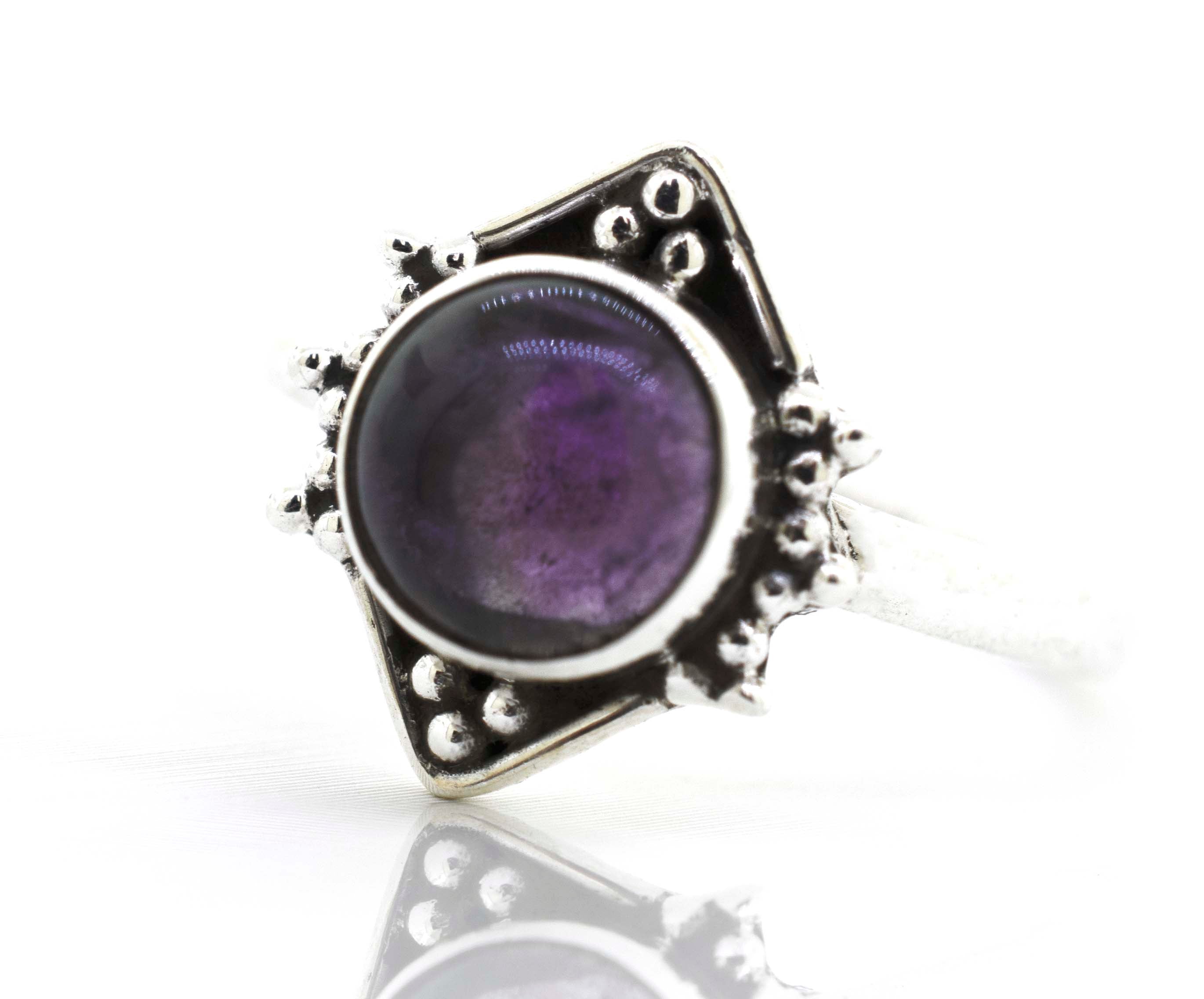 Round Gemstone Ring With Oxidized Diamond Shape Pattern in sterling silver.