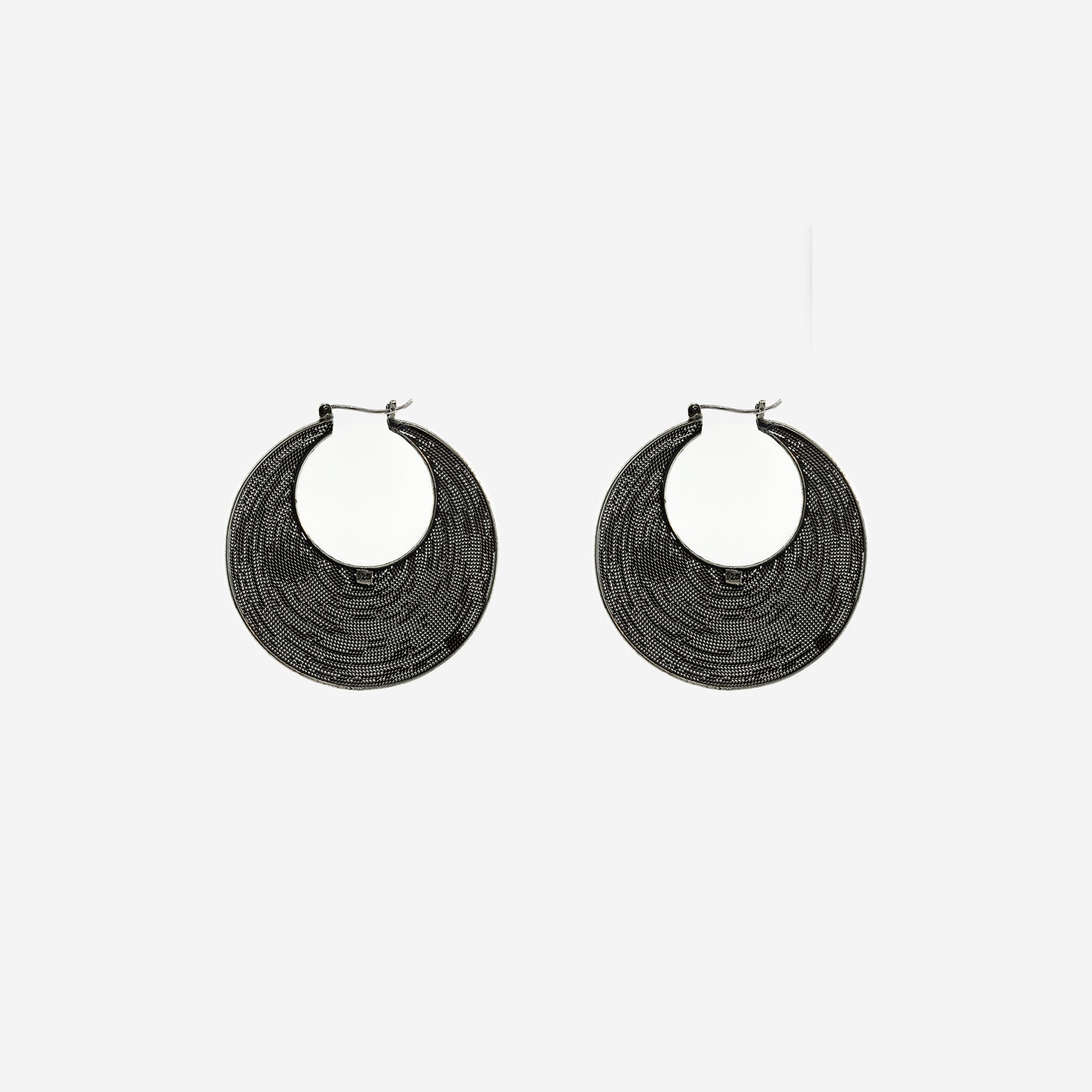 A pair of Super Silver Bali Crescent Mesh Hinged Hoop Earrings with intricate silver work, inspired by Bali style hoops, set against a clean white background.