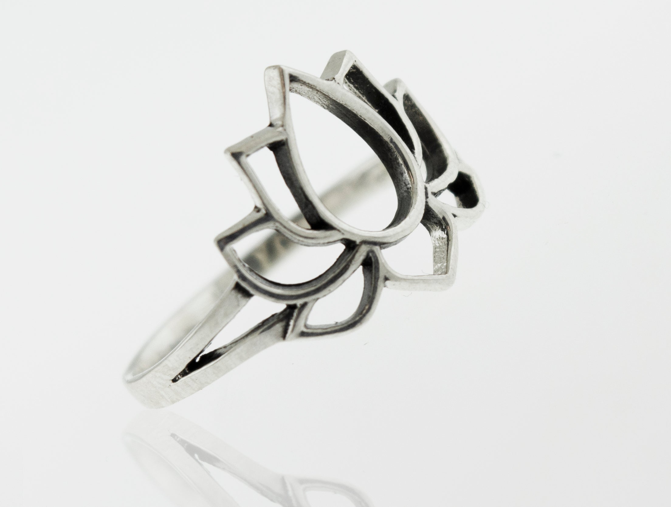 A minimalist sterling silver Lotus Outline Ring with a lotus flower design, inspired by nature's floral beauty.
