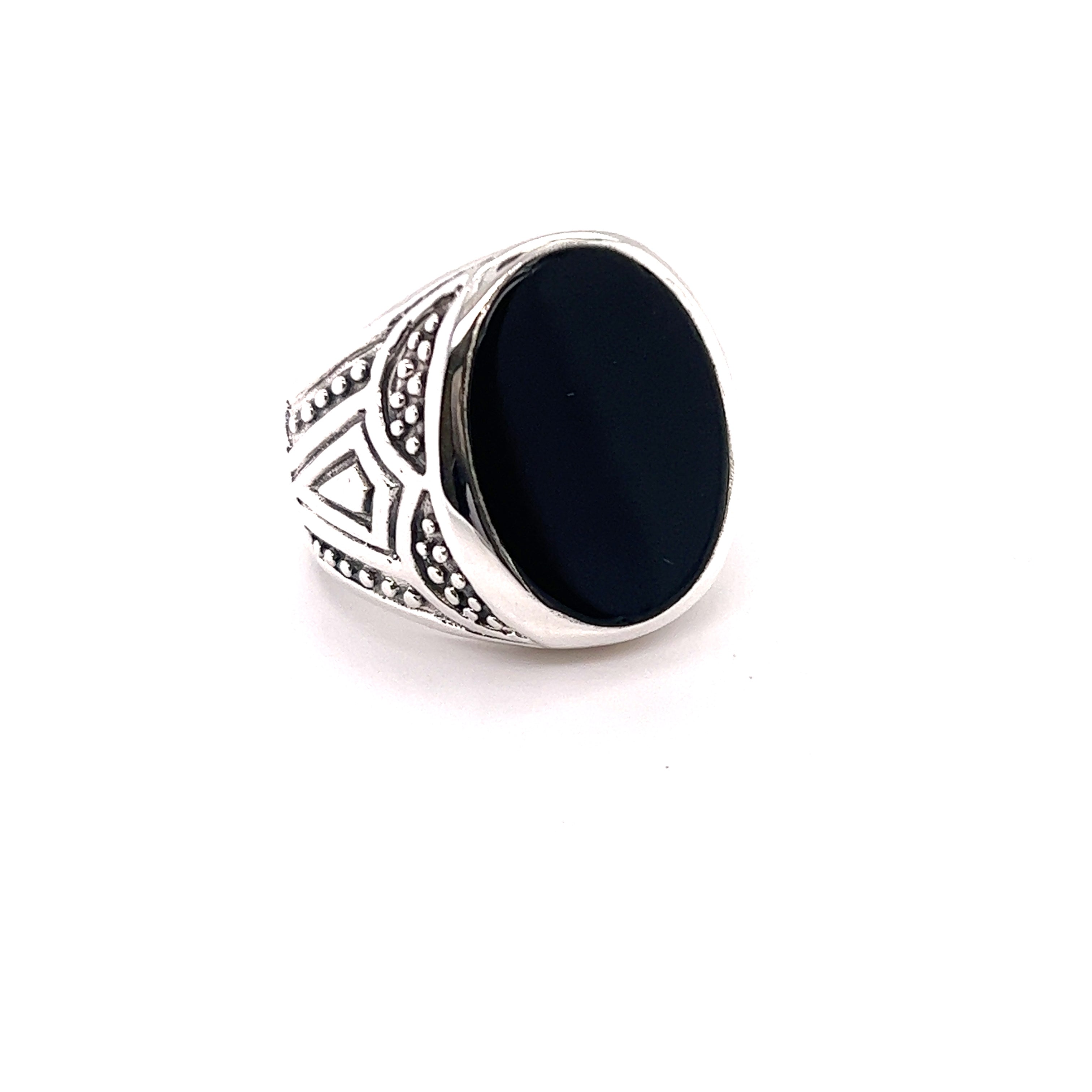 A sterling silver Oval Onyx Signet Ring with a black onyx stone.