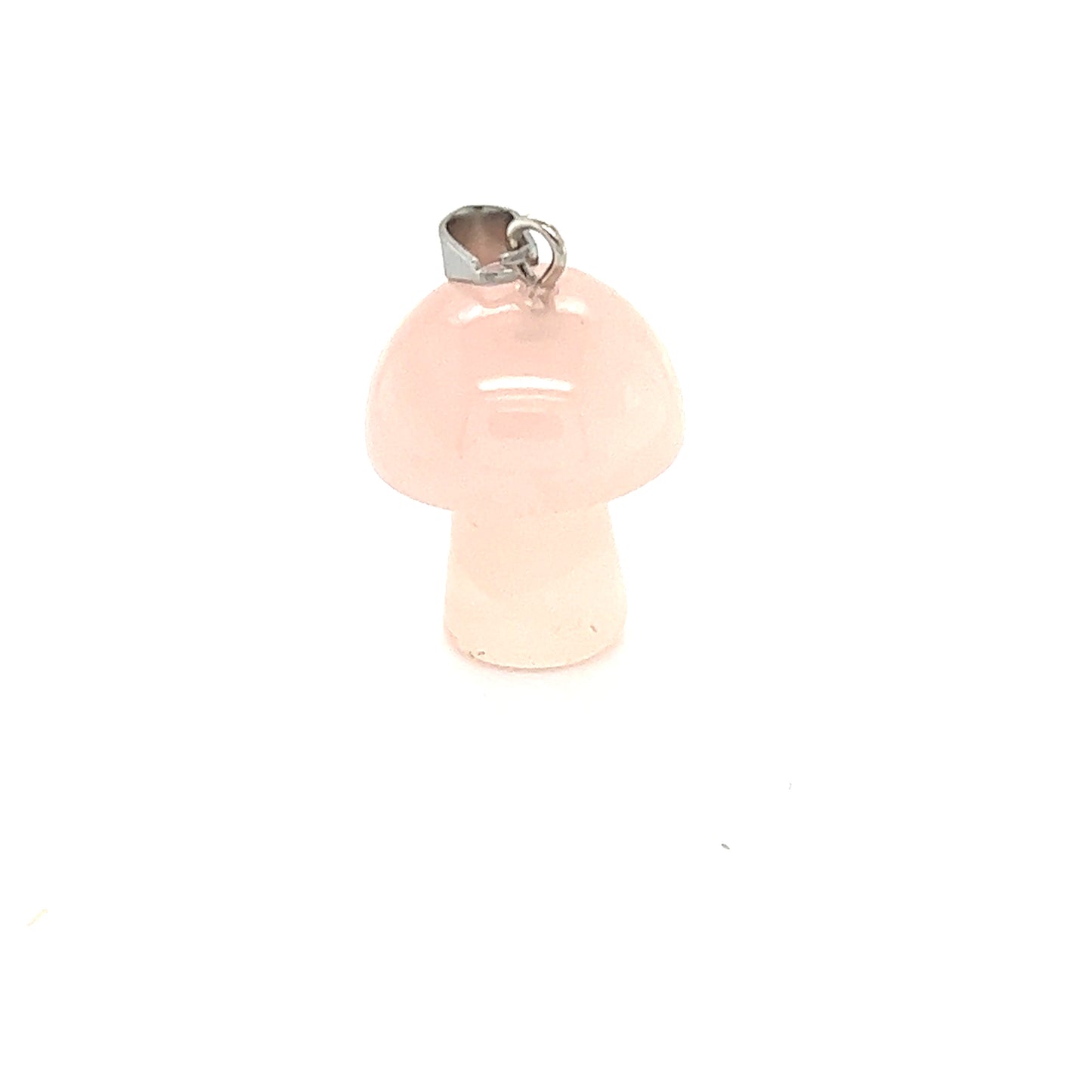
                  
                    A small Rose Quartz Mushroom Pendant by Super Silver on a white background, designed to promote love and open your heart.
                  
                