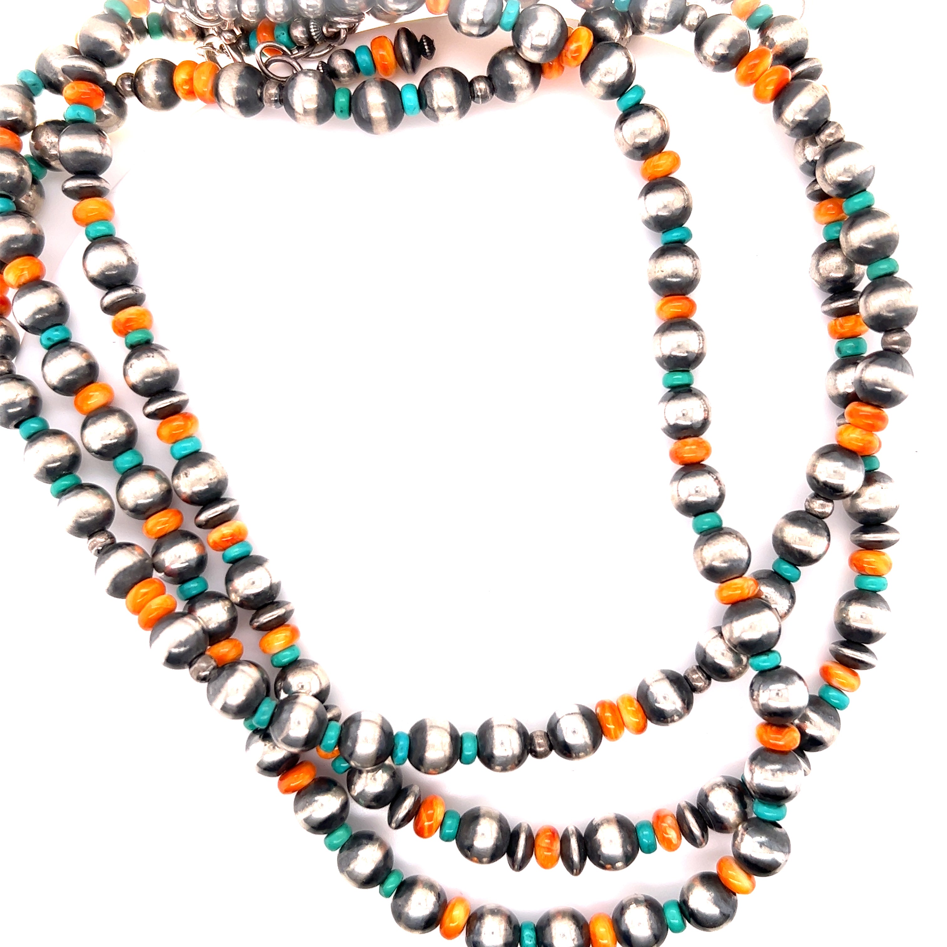 An eye-catching silver and orange Handcrafted Native American Beaded Necklace adorned with vibrant spiny oyster shells and turquoise, showcased beautifully on a pristine white background, is a product of the brand Super Silver.