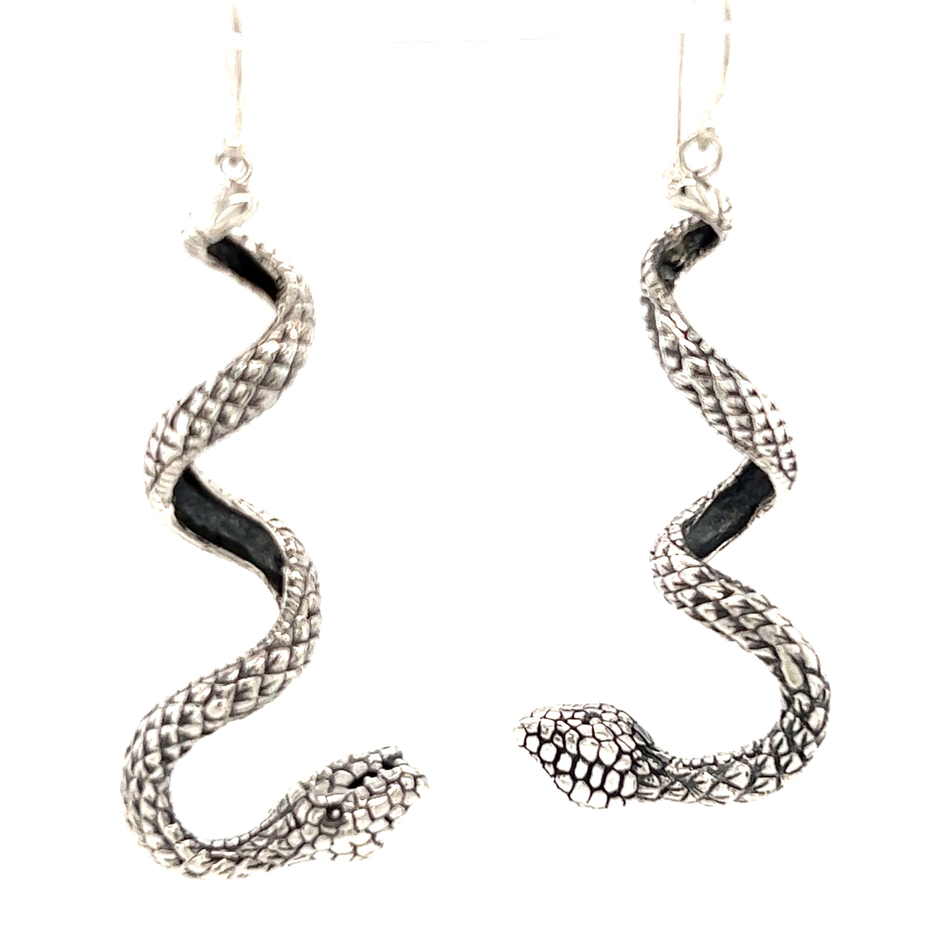 Handcrafted Super Silver Enchanting Twist Snake Earrings on a white background.