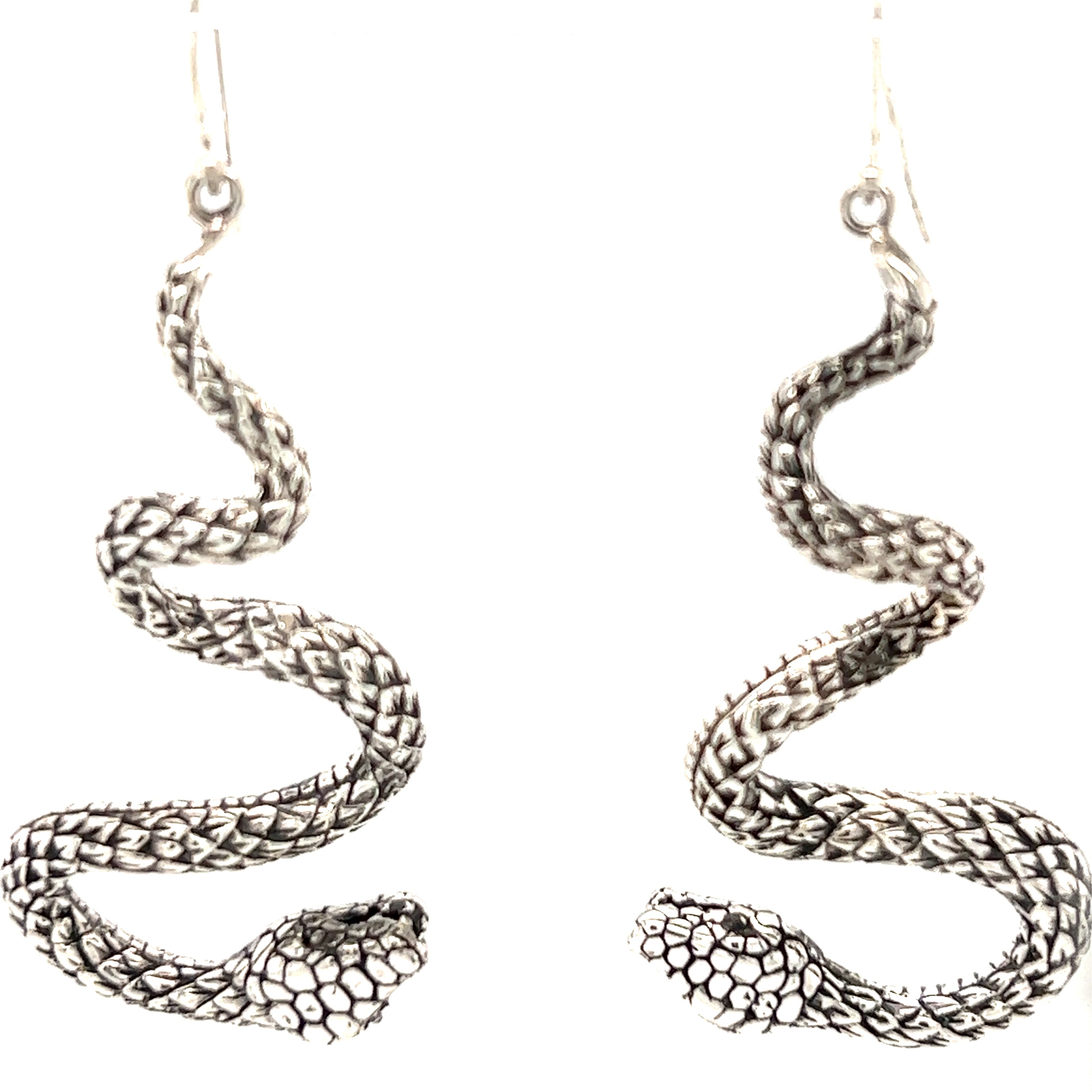 Handcrafted Super Silver Long Twisting Snake Earrings on a white background.