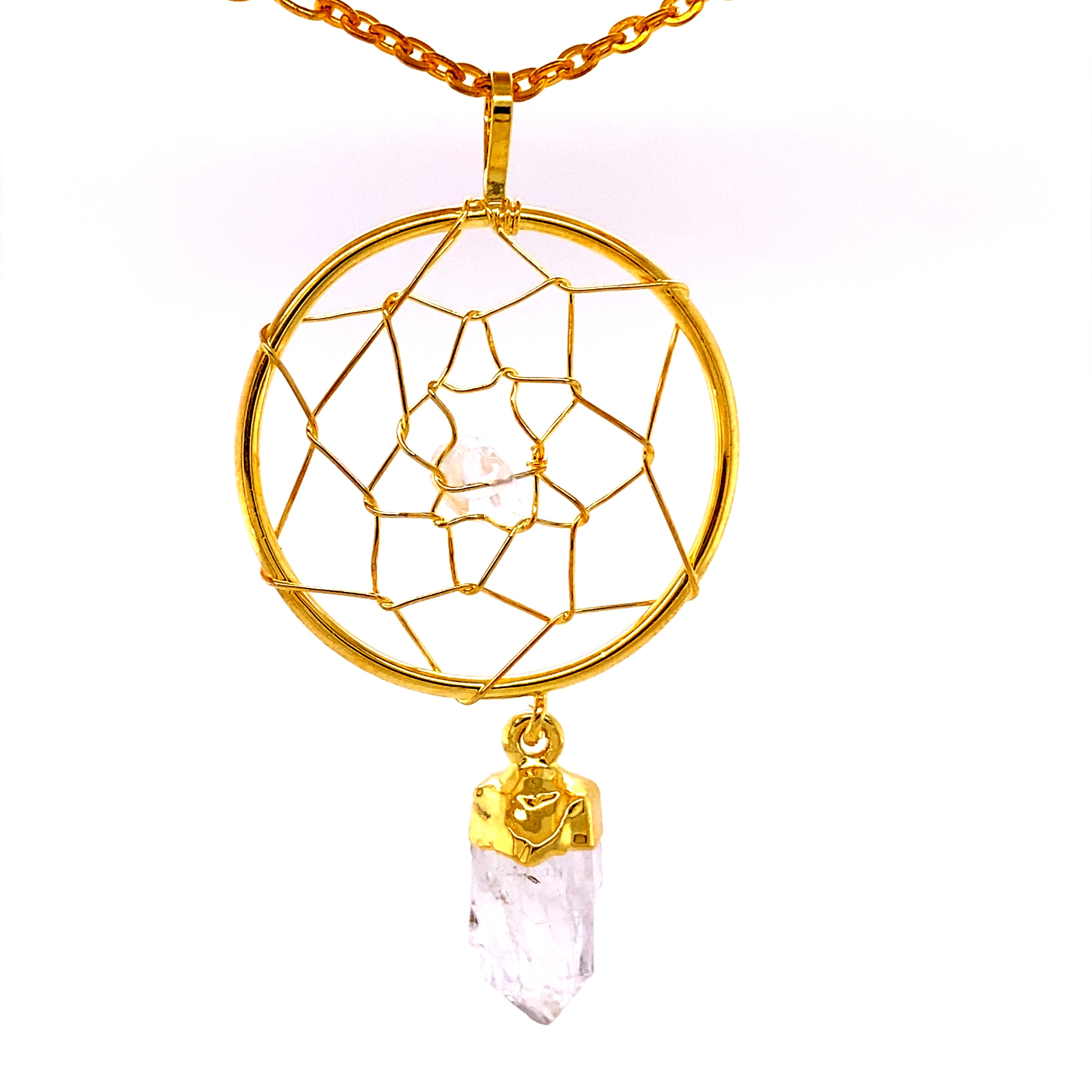 A Super Silver Gold Dreamcatcher Pendant with Gemstone Point enhanced with a raw crystal drop.