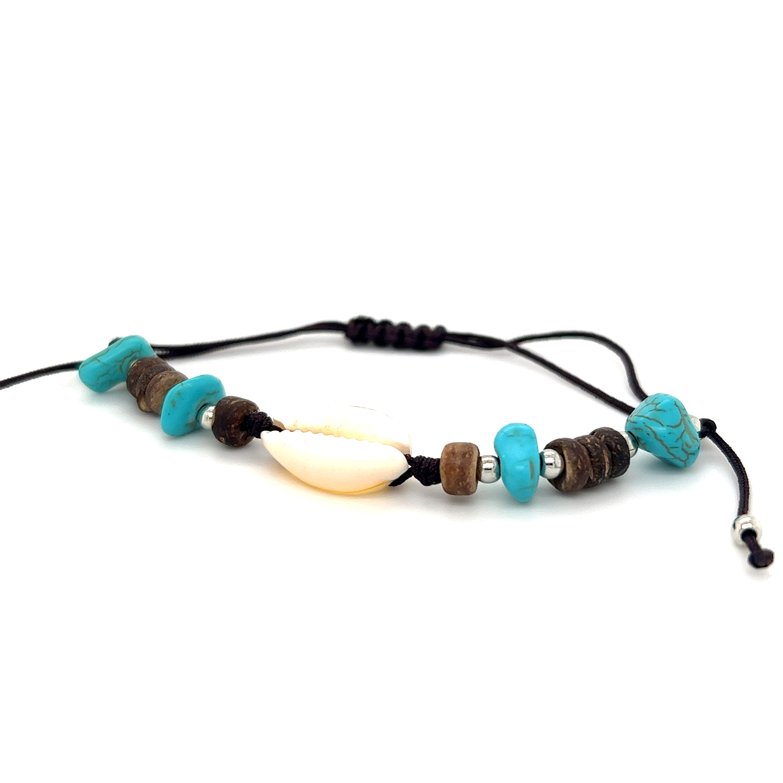 An exquisite Cowrie Shell Beaded Bracelet adorned with eye-catching turquoise beads, embellished on a stretchable band by Super Silver.