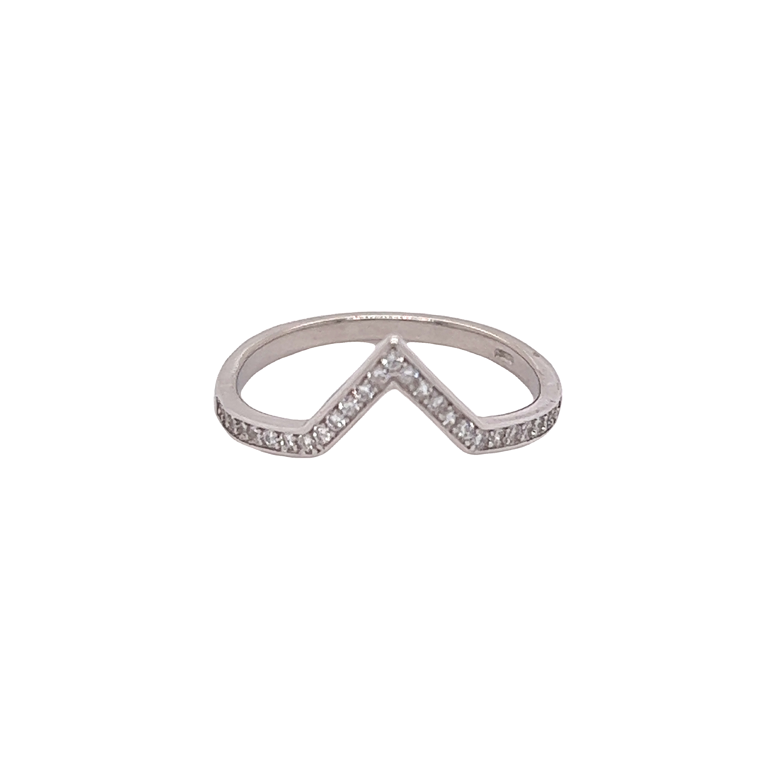 A Channel Set Cubic Zirconia Chevron Ring with diamonds in the shape of a chevron.