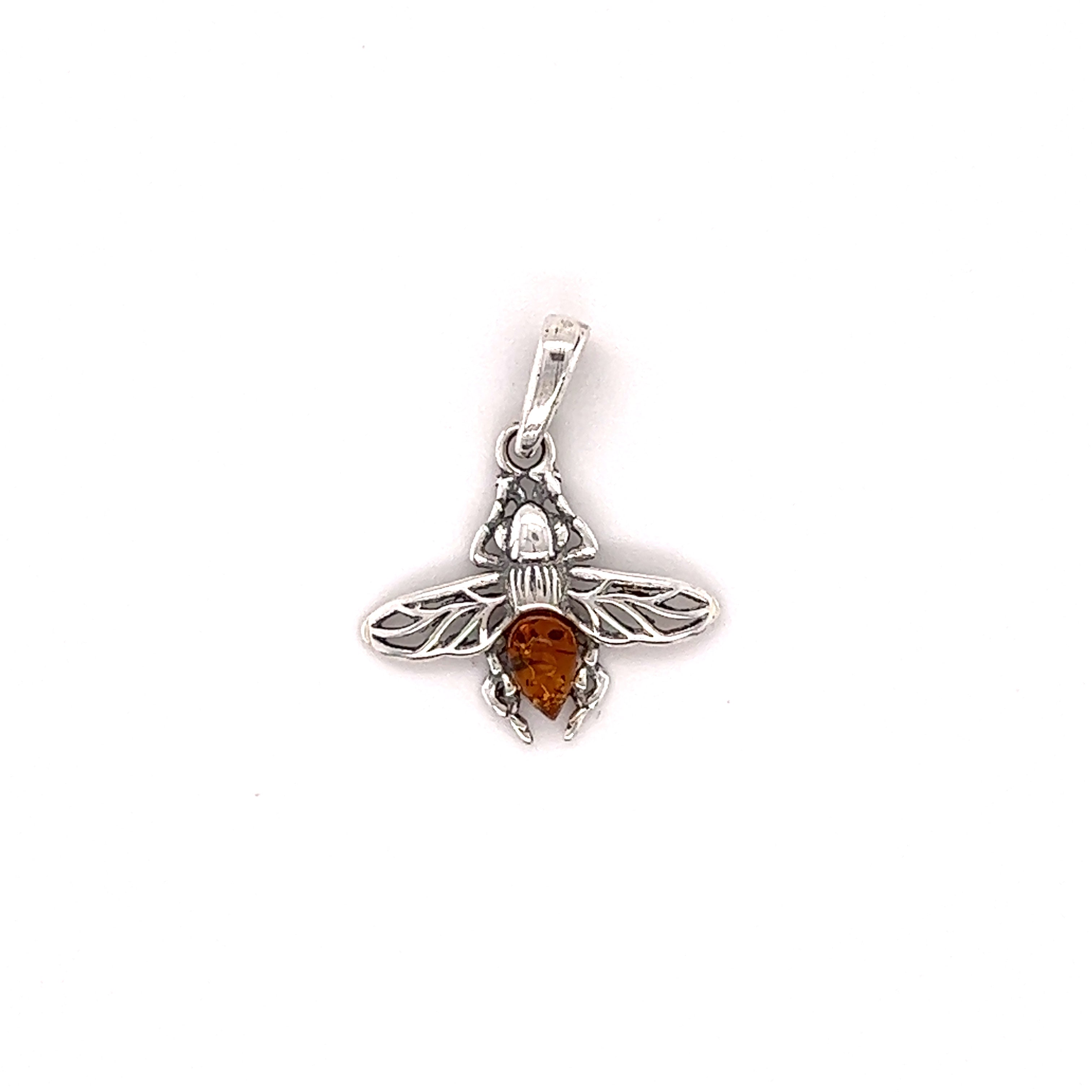 A Delicate Amber Bee Pendant with an orange stone, perfect for jewelry enthusiasts, from Super Silver.