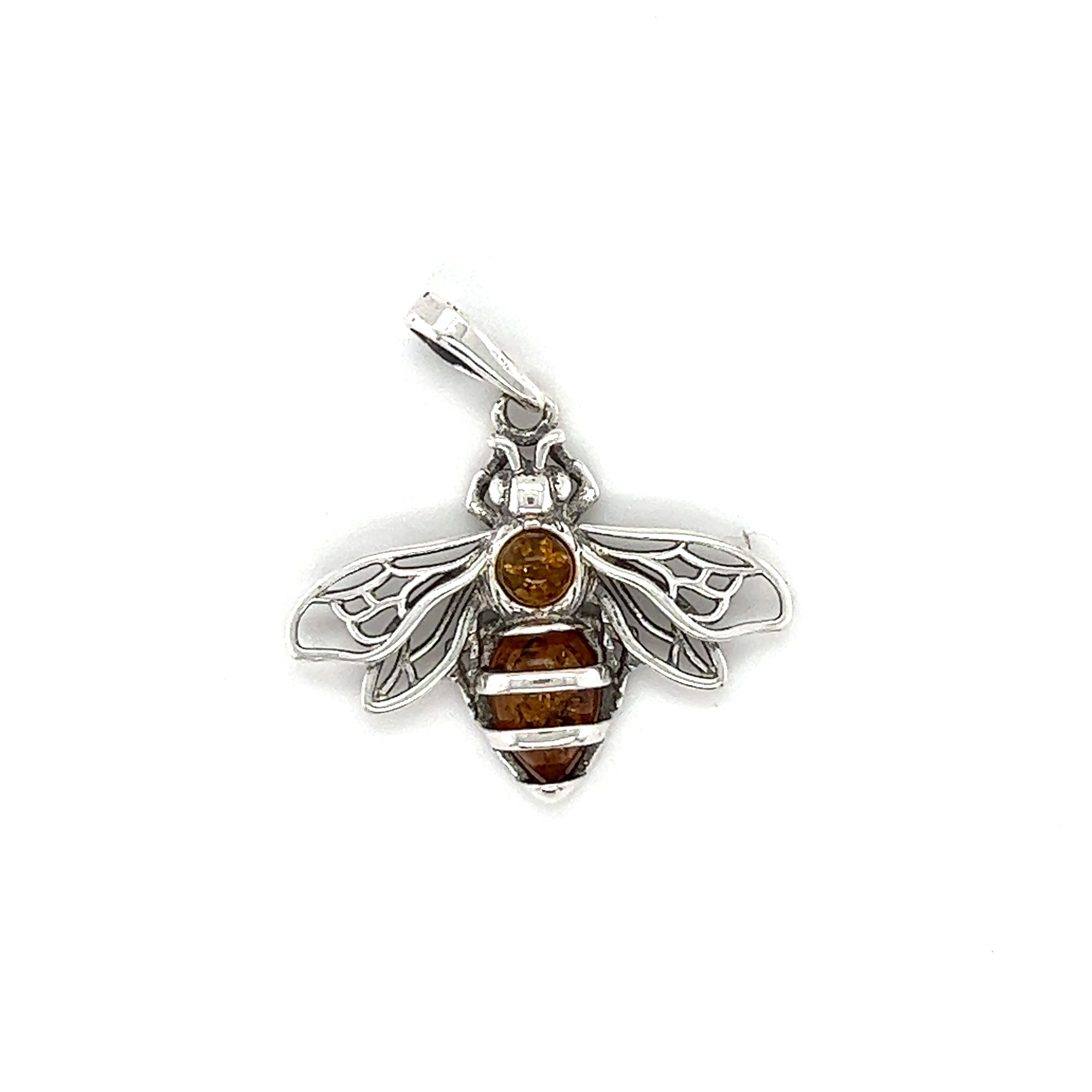 A Super Silver Charming Amber Bee Pendant with a Baltic amber stone.