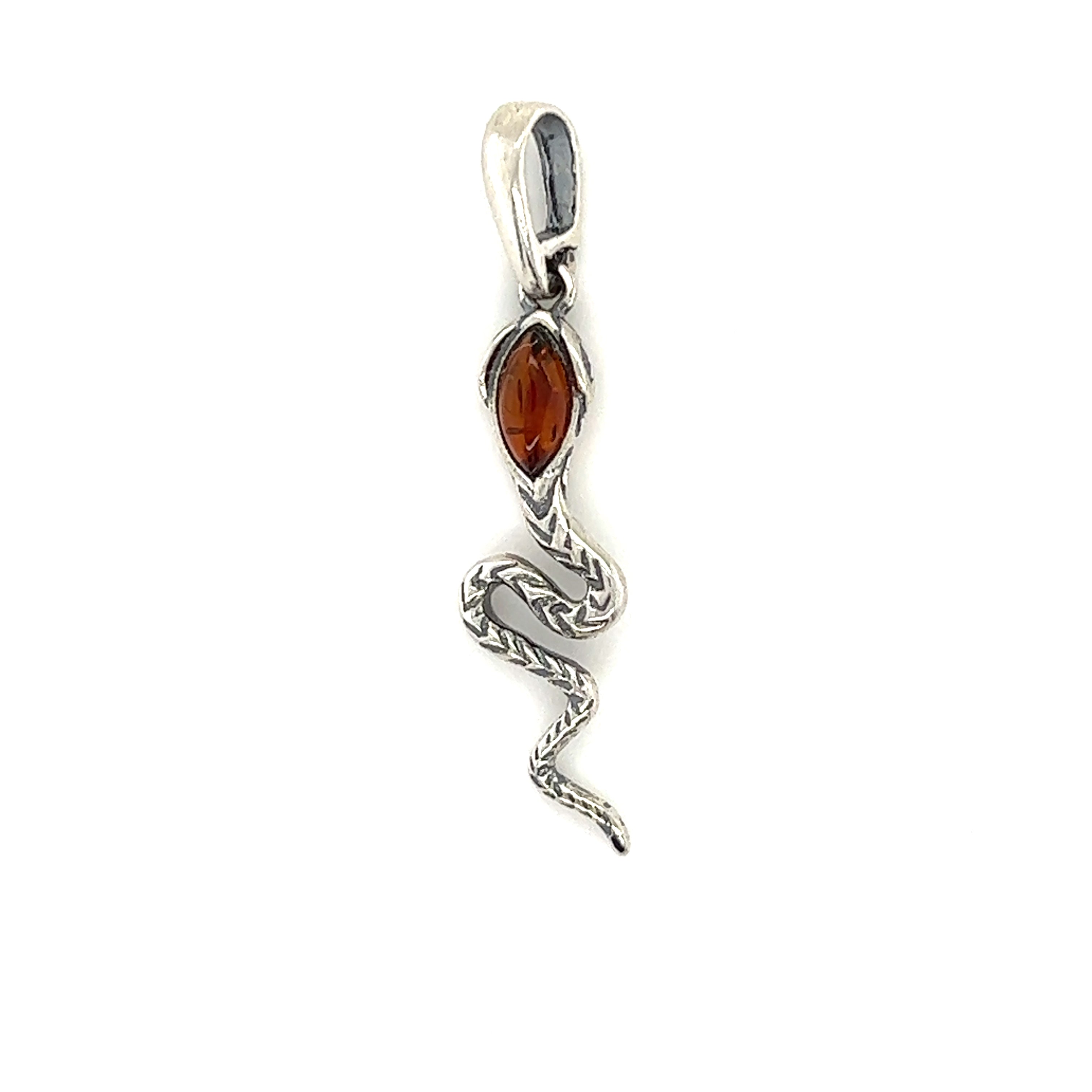 An Alluring Amber Snake Pendant with an orange Baltic amber stone and a snake on it.