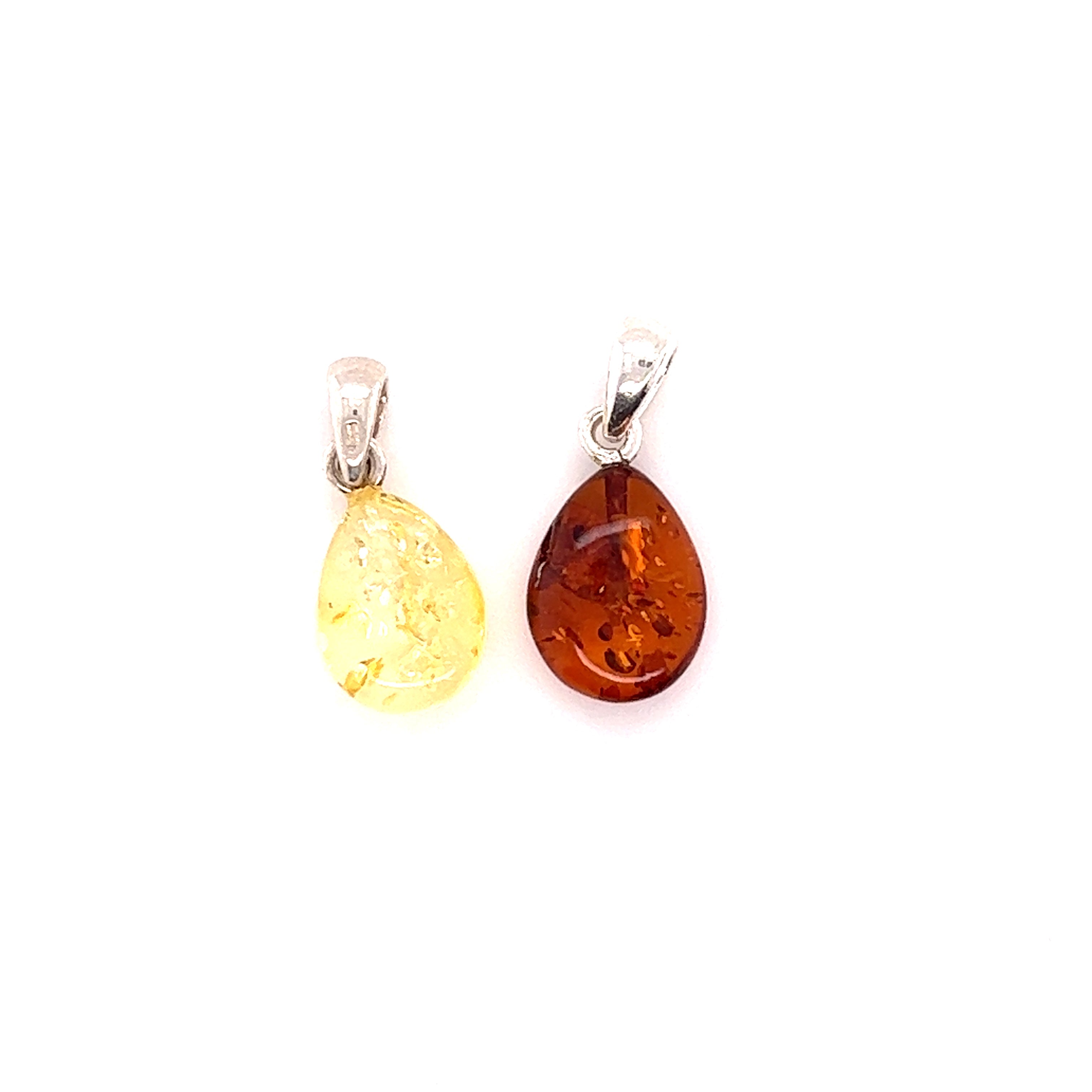 A simple and elegant Super Silver Teardrop Amber Pendant showcasing the beauty of Baltic amber on a clean white background.