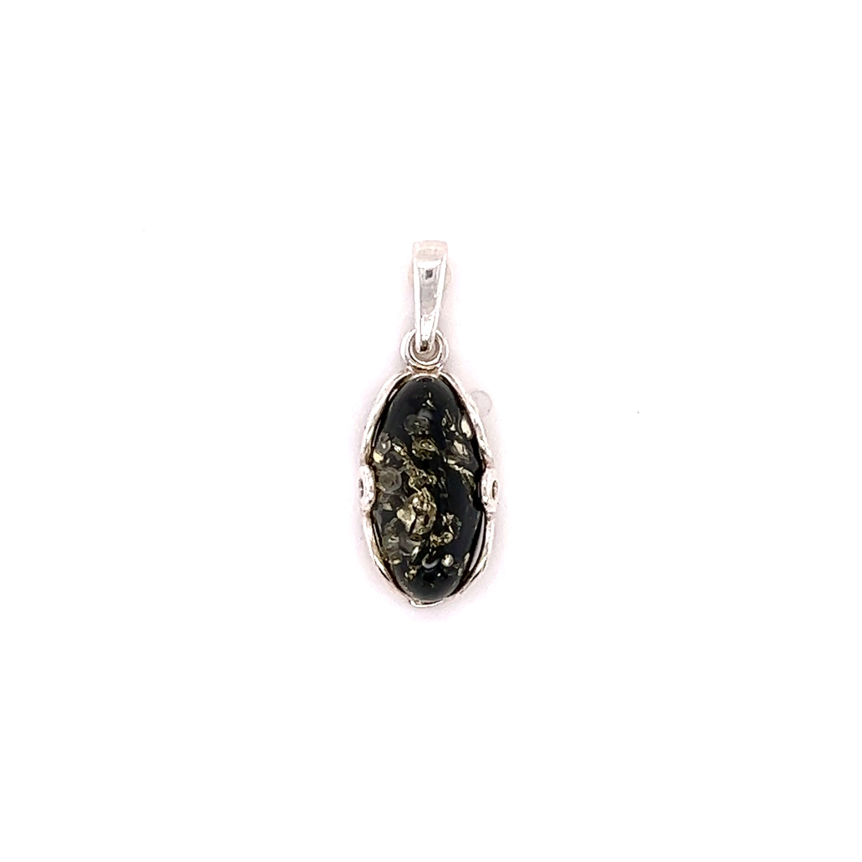A Super Silver Charming Oval Amber Pendant on a white background.