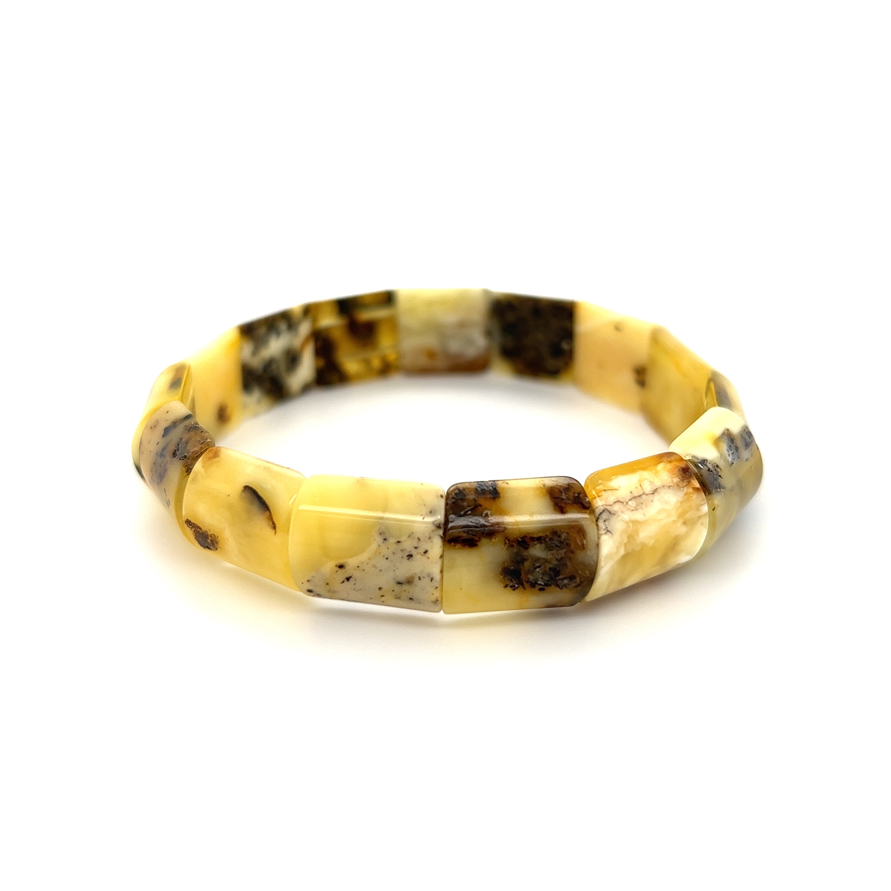 Super Silver Brilliant Butterscotch Amber Stretch Bracelet with healing properties.