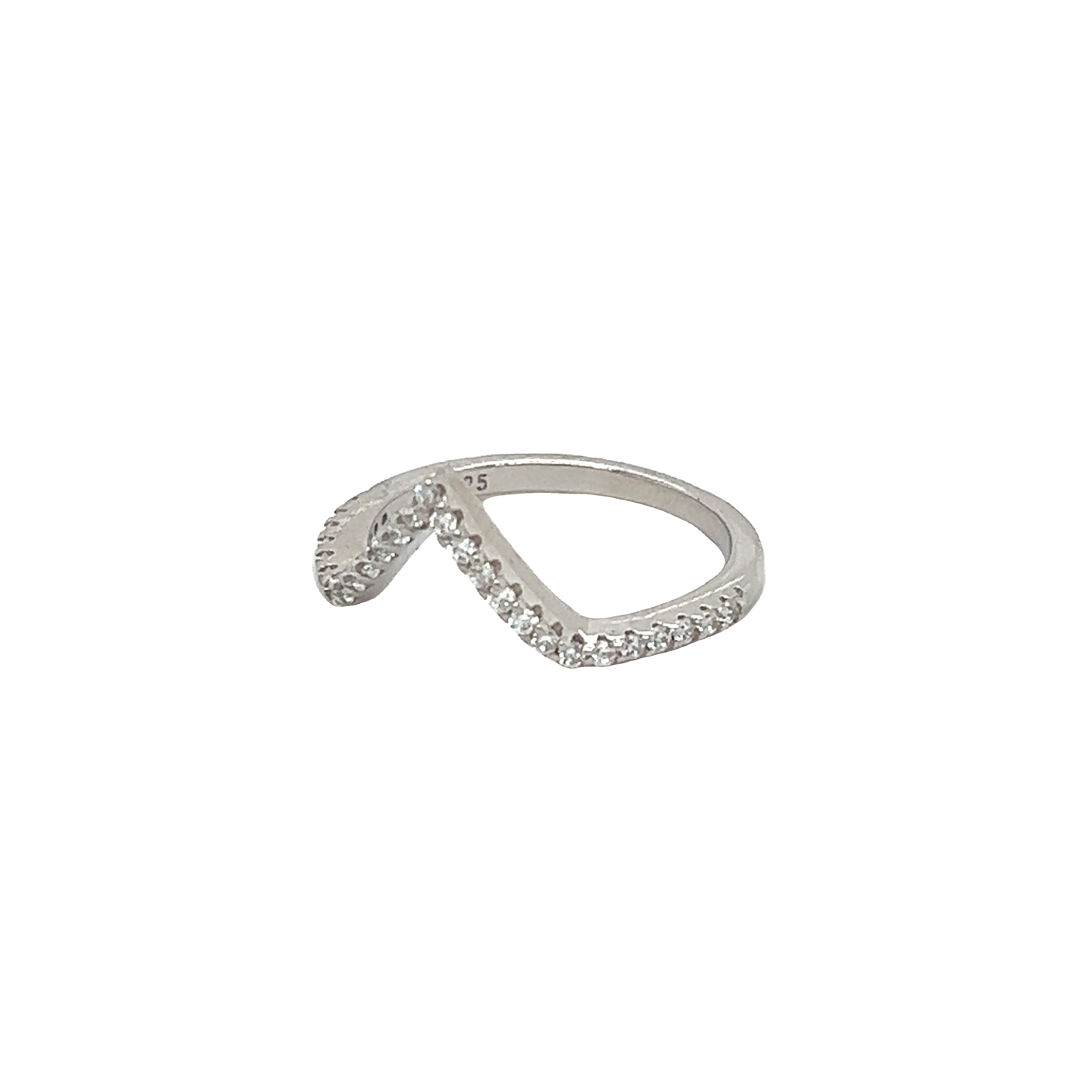 A Pave Set Cubic Zirconia Chevron Ring with a unique wave-like design, crafted from .925 Sterling Silver and encrusted with small white stones on one side. This elegant piece combines the timeless appeal of an eternity ring with a touch of modern sophistication.