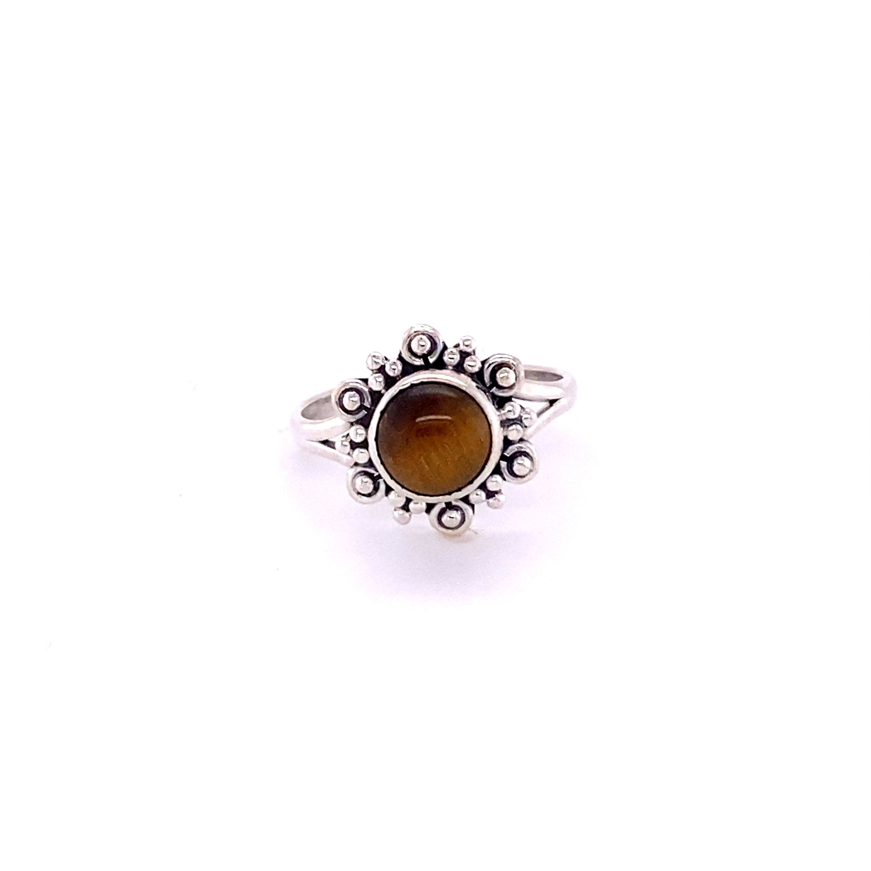 A Beautiful Round Flower Ring with Natural Gemstones from Super Silver featuring a tiger eye cabochon.