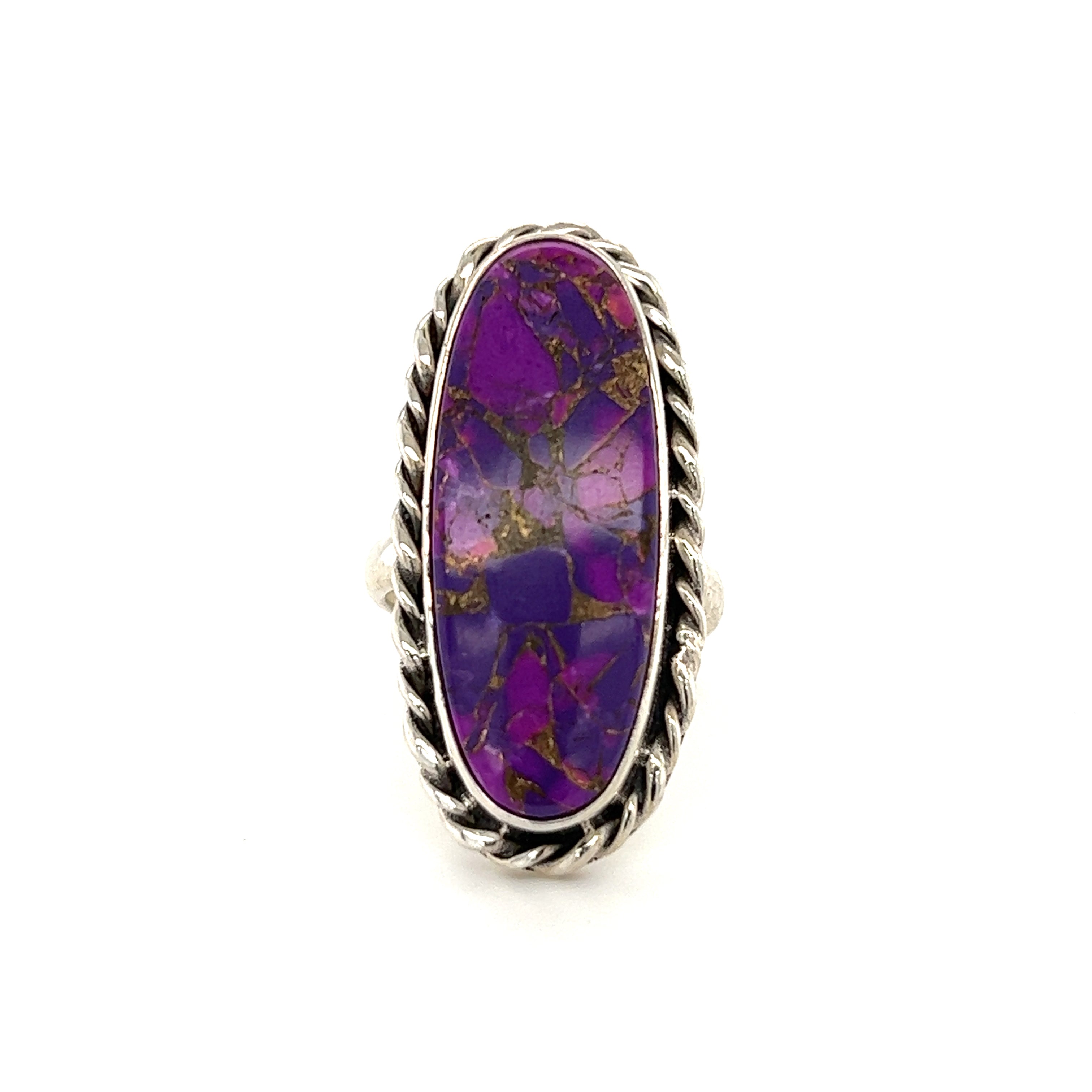A striking Exquisite Long Purple Turquoise Ring, making a bold statement on a white background, by Super Silver.