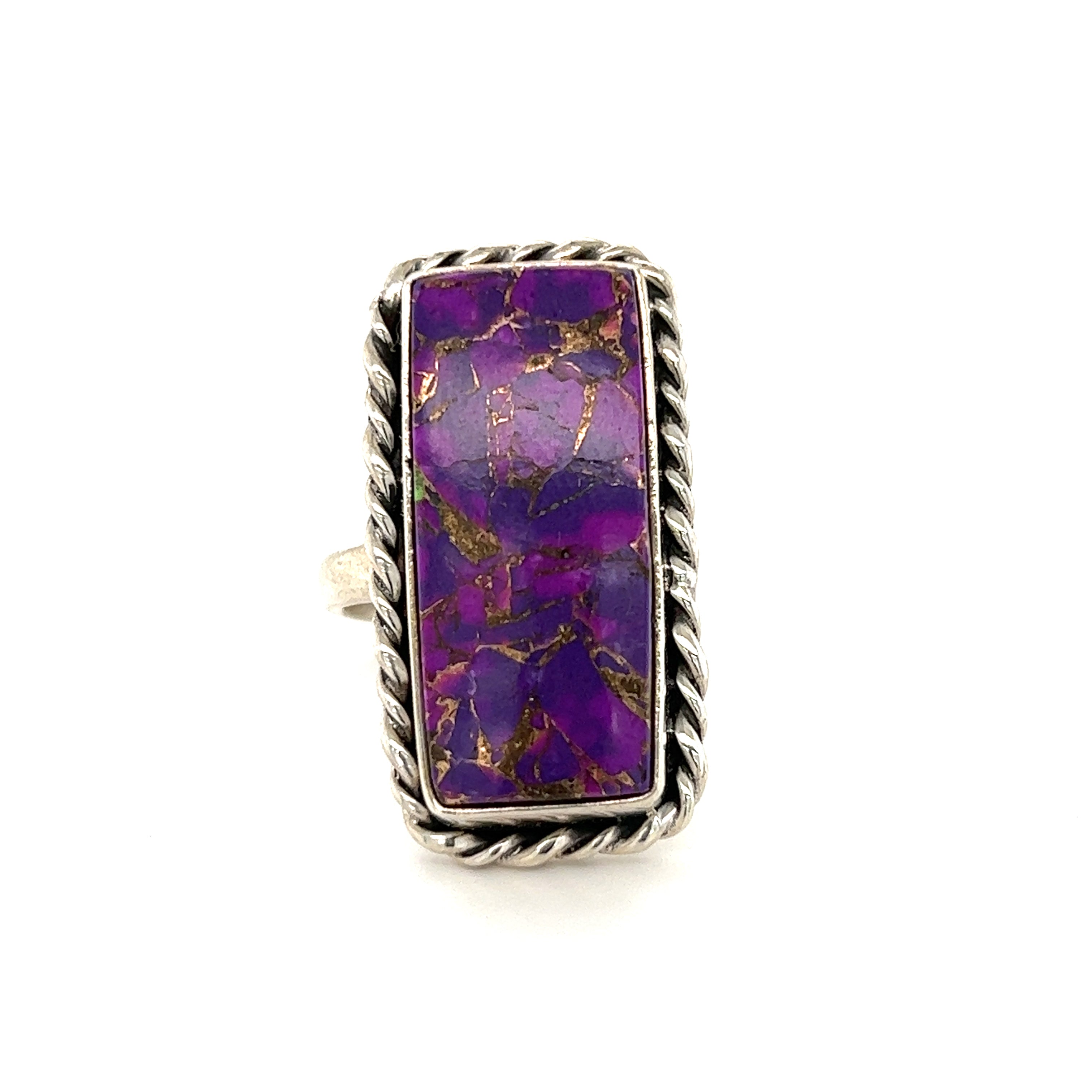 A striking Exquisite Long Purple Turquoise Ring with a Super Silver frame.