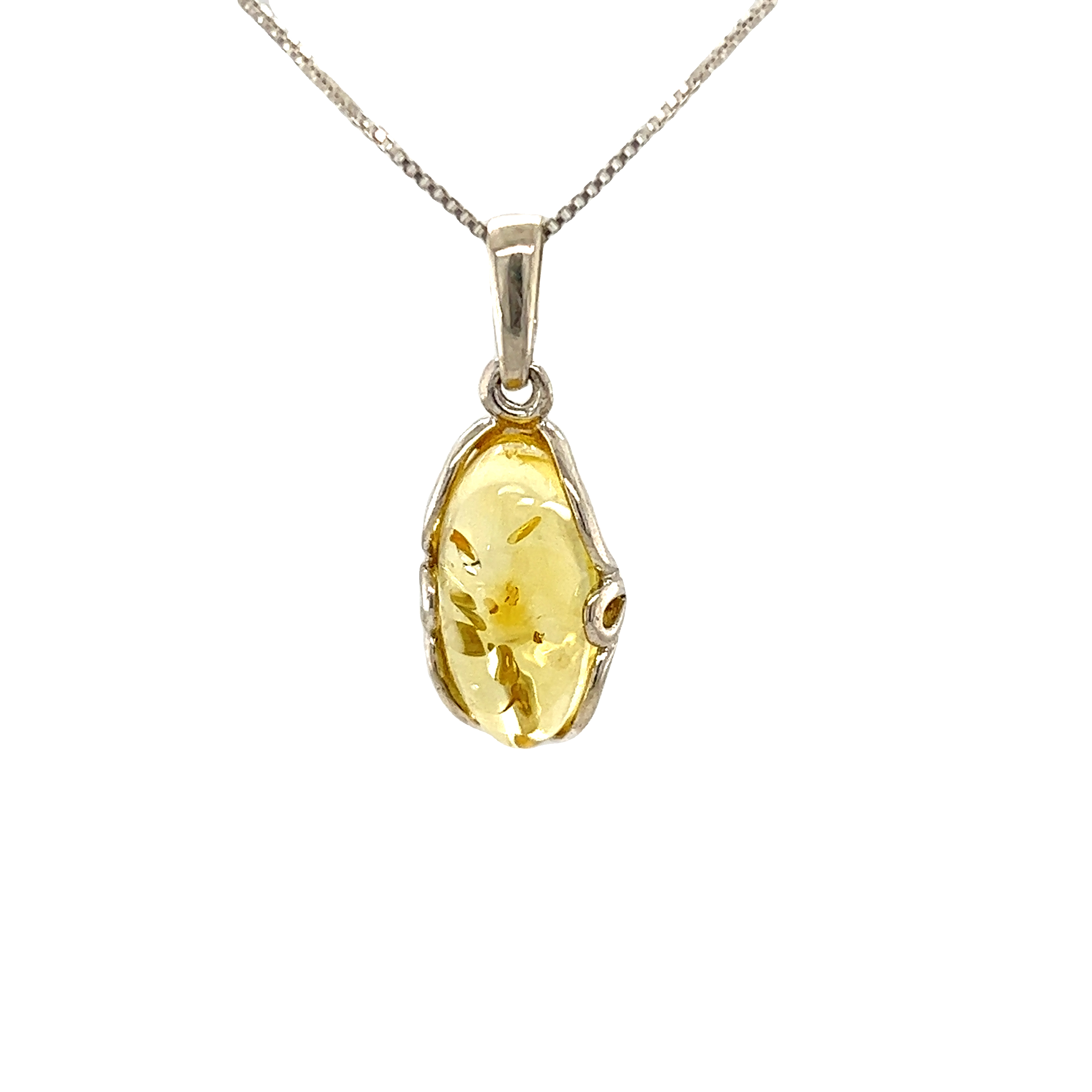 A Super Silver Charming Oval Amber Pendant on a vintage chain.