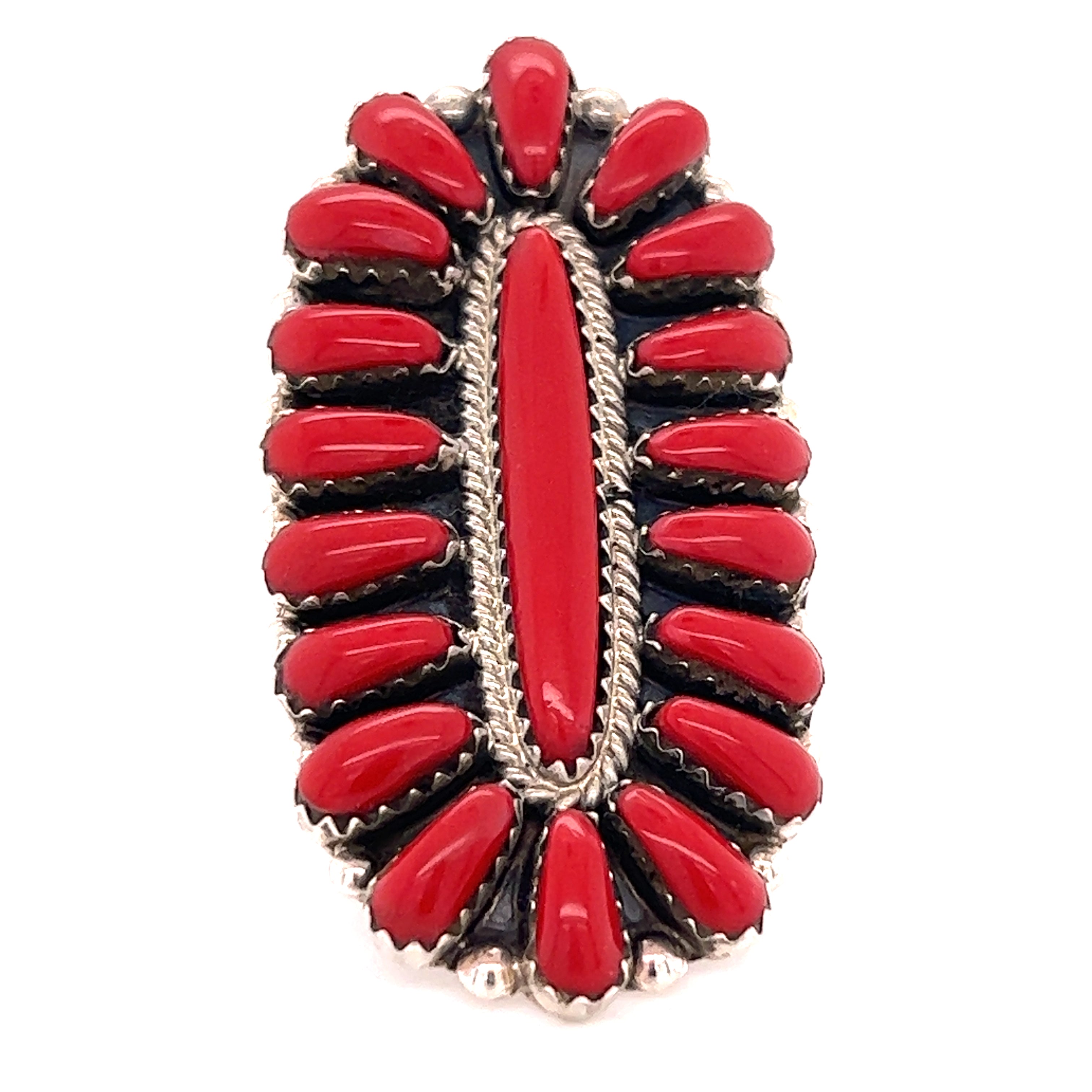 A Gorgeous Fantail Native American Ring with a red and black color scheme.