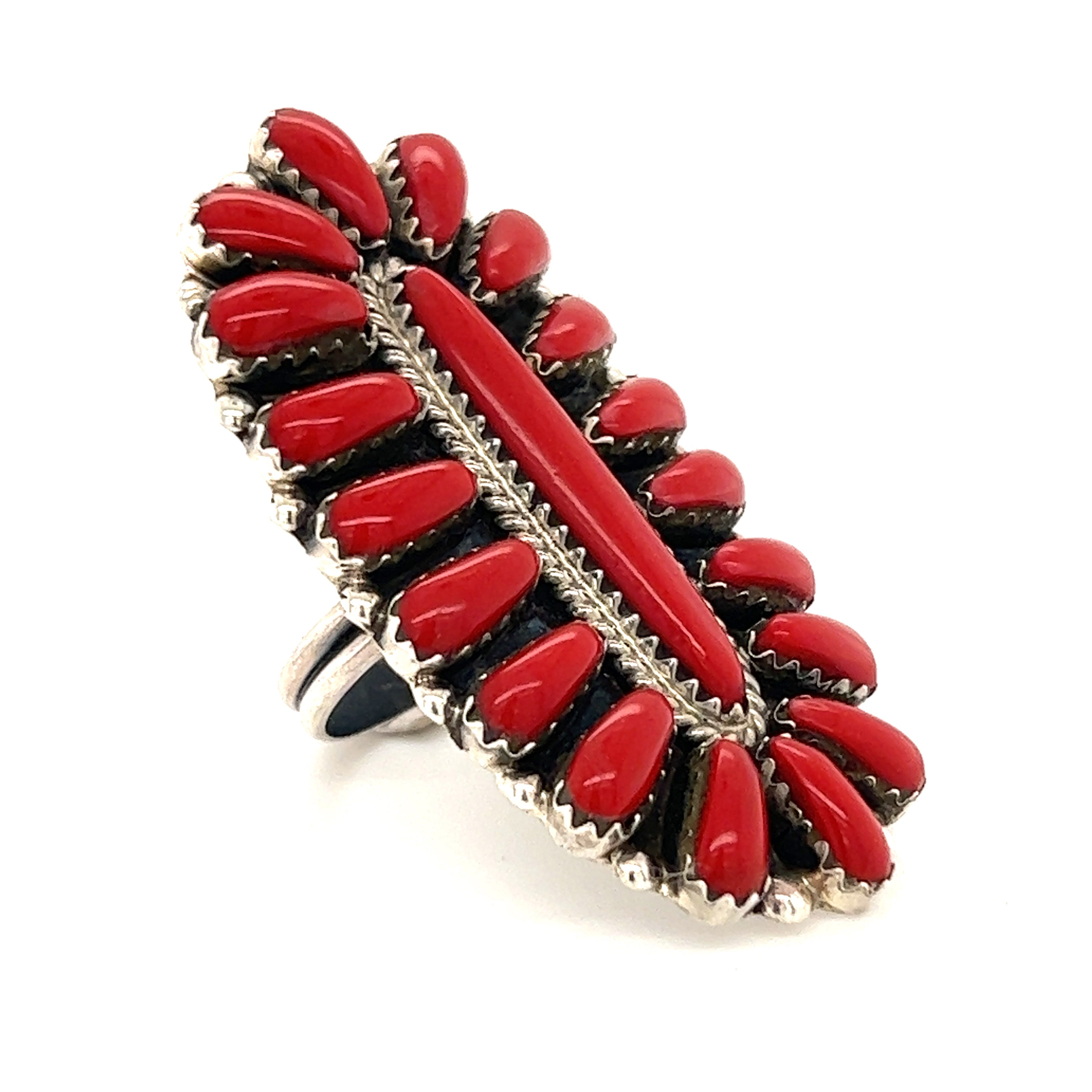 A Gorgeous Fantail Native American ring with red and black stones.