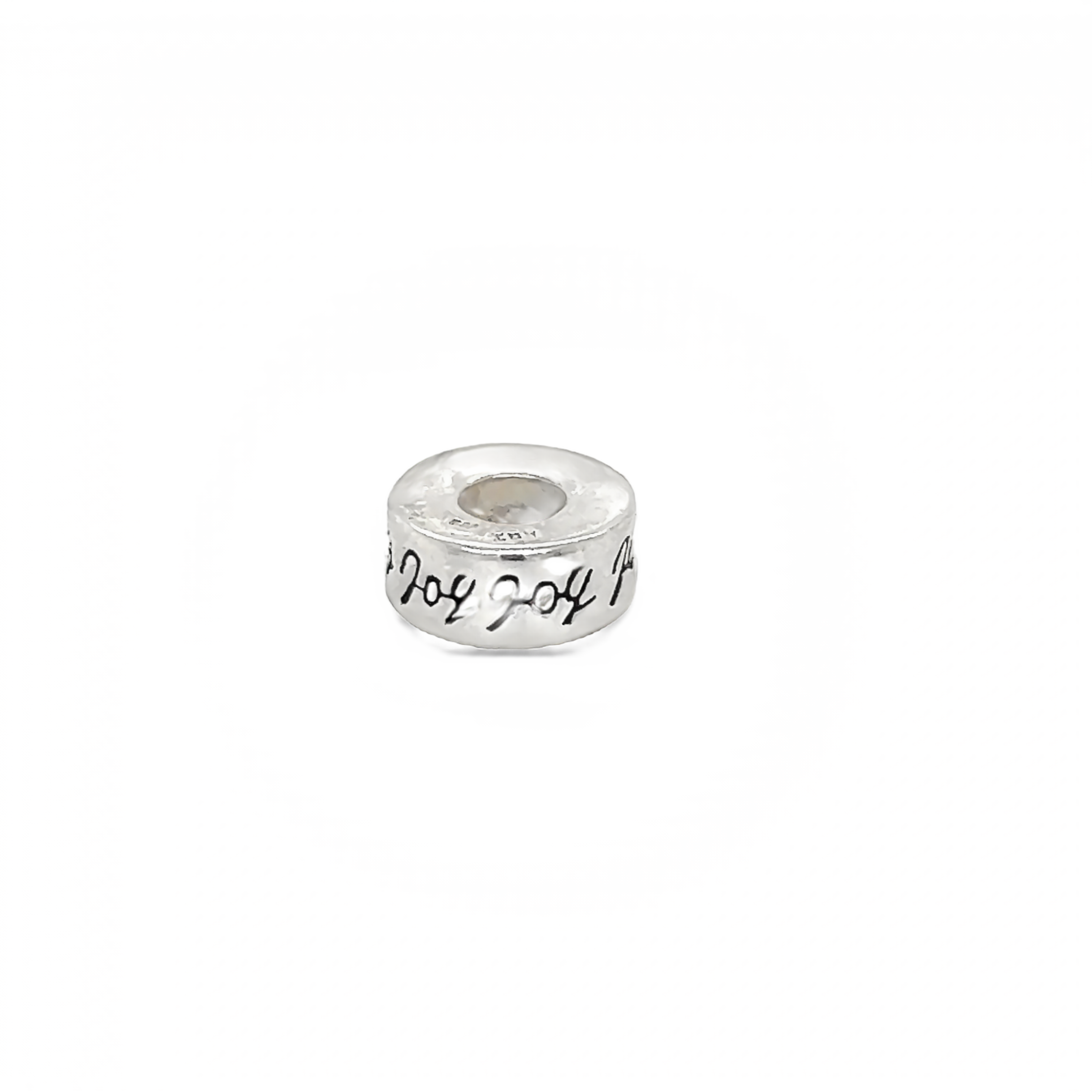 An Affirmation Bead Charm crafted from sterling silver with the word love elegantly inscribed, made by Super Silver.