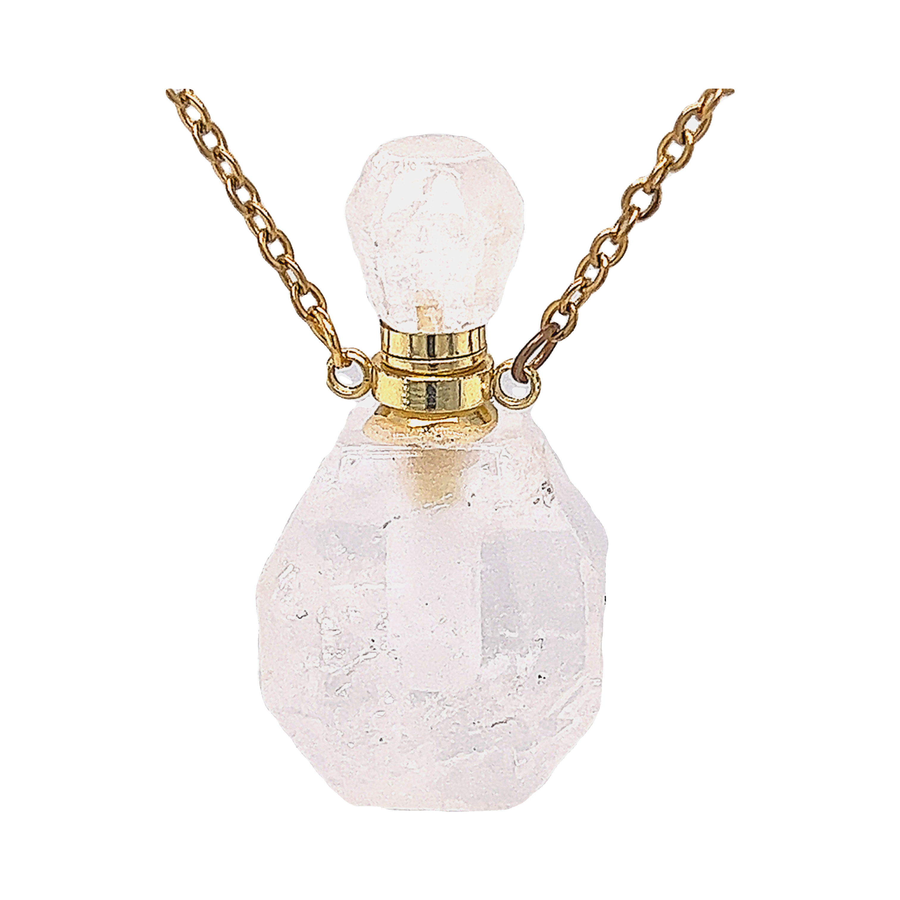 A Crystal Perfume Vial Necklace on a gold chain, featuring a white quartz stone by Super Silver.