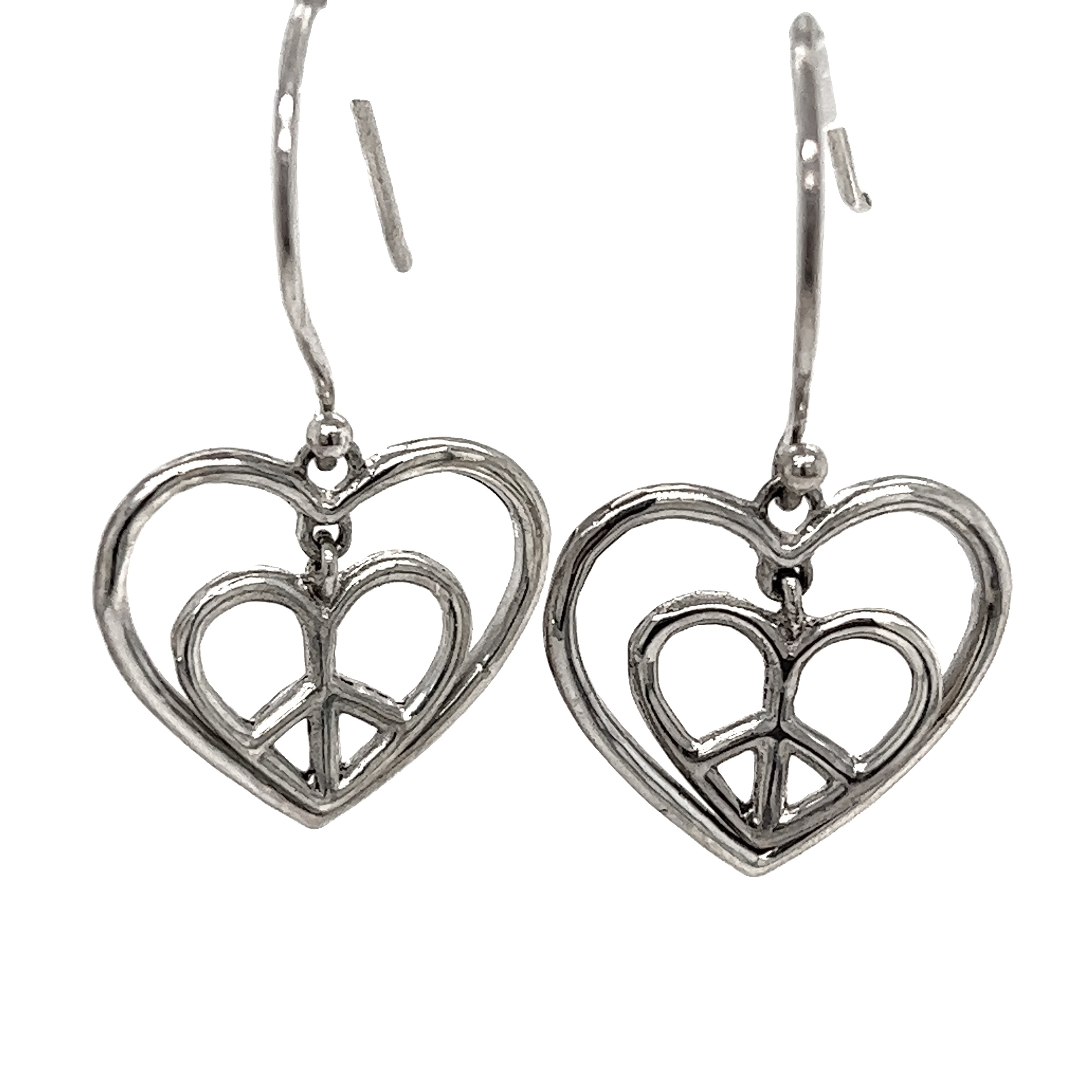 Super Silver's Hearts With Peace Signs Earrings are made of .925 Silver and feature a peace sign design.