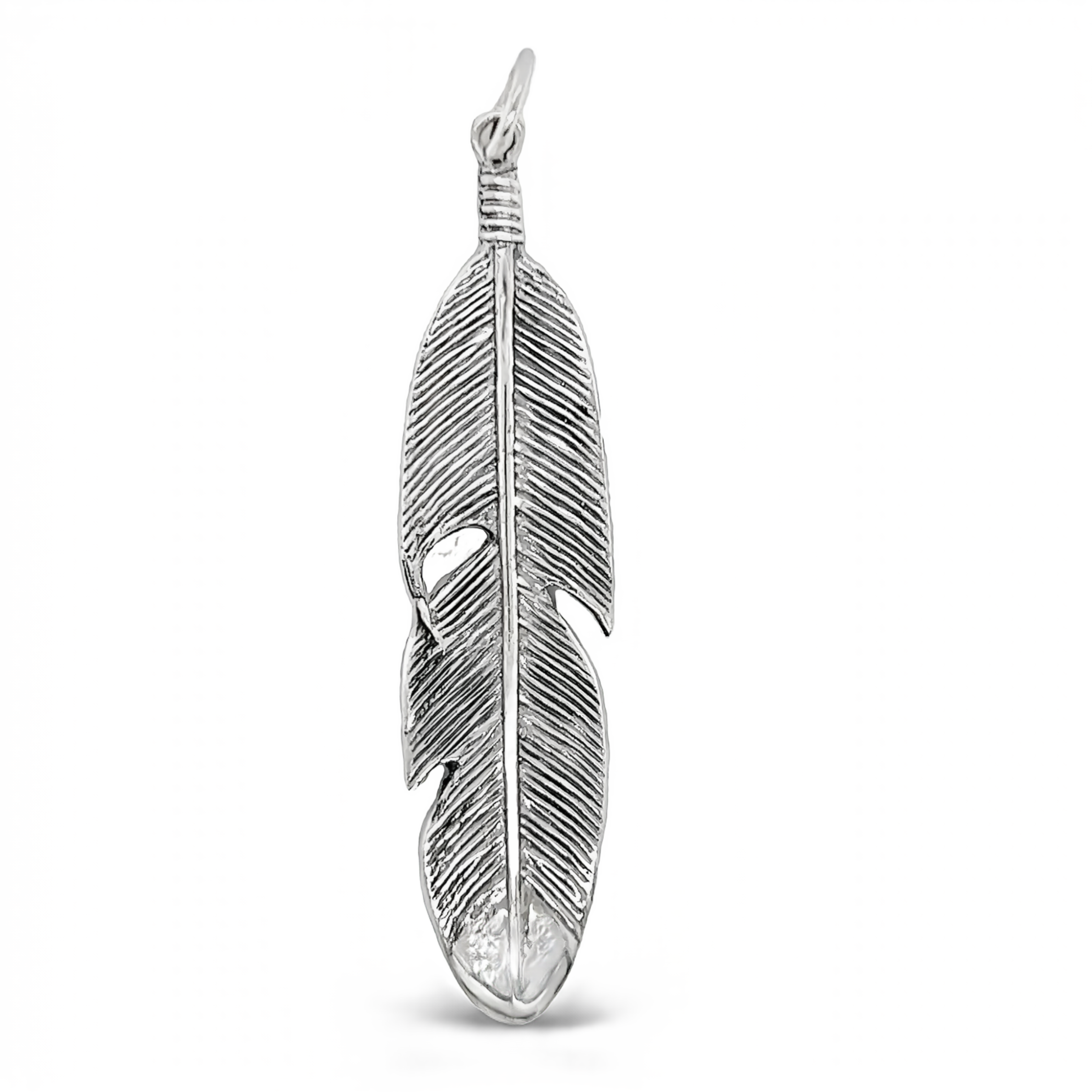 A rustic Super Silver Medium Size Feather Pendant on a white background.