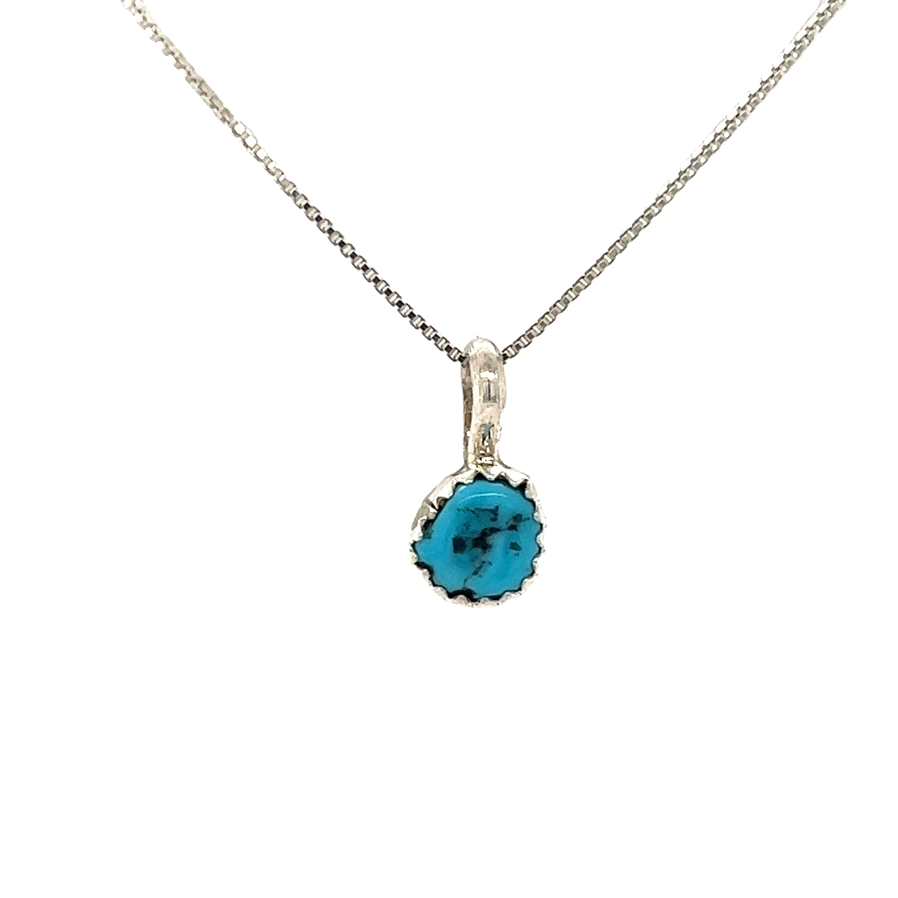 A Super Silver jewelry featuring a Teeny Tiny Native American Turquoise Nugget Pendant on a silver chain.