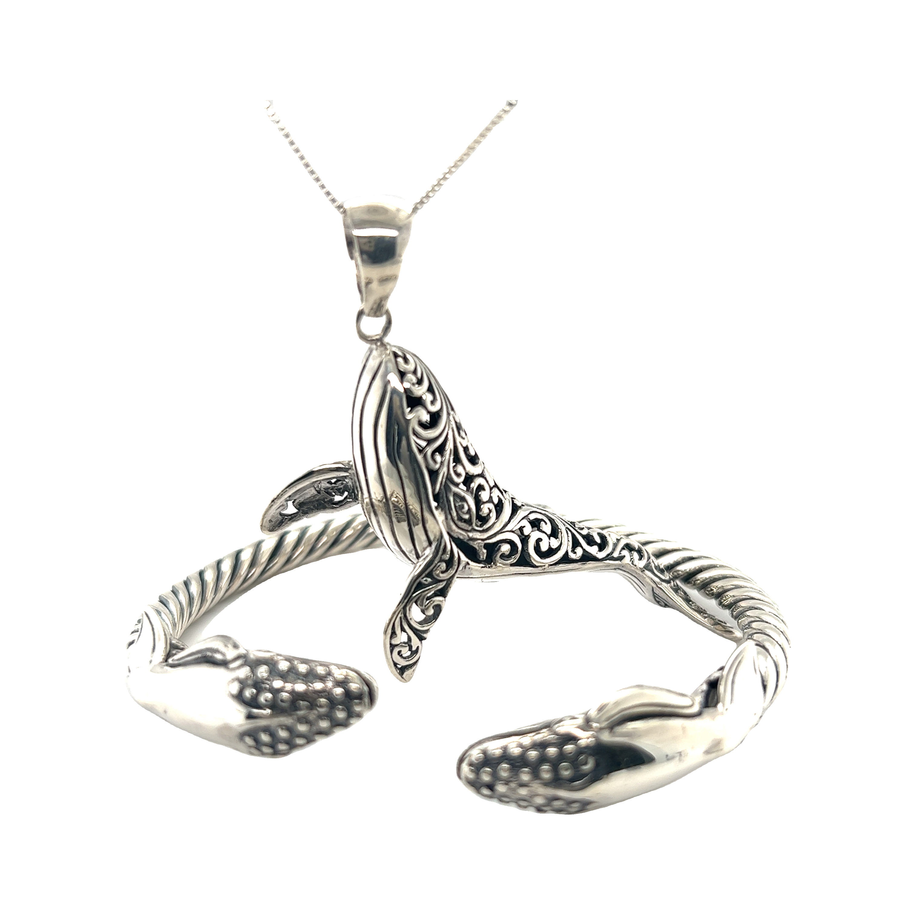 A Super Silver Magnificent Filigree Whale Pendant and bangle set inspired by the oceanic beauty of Santa Cruz.