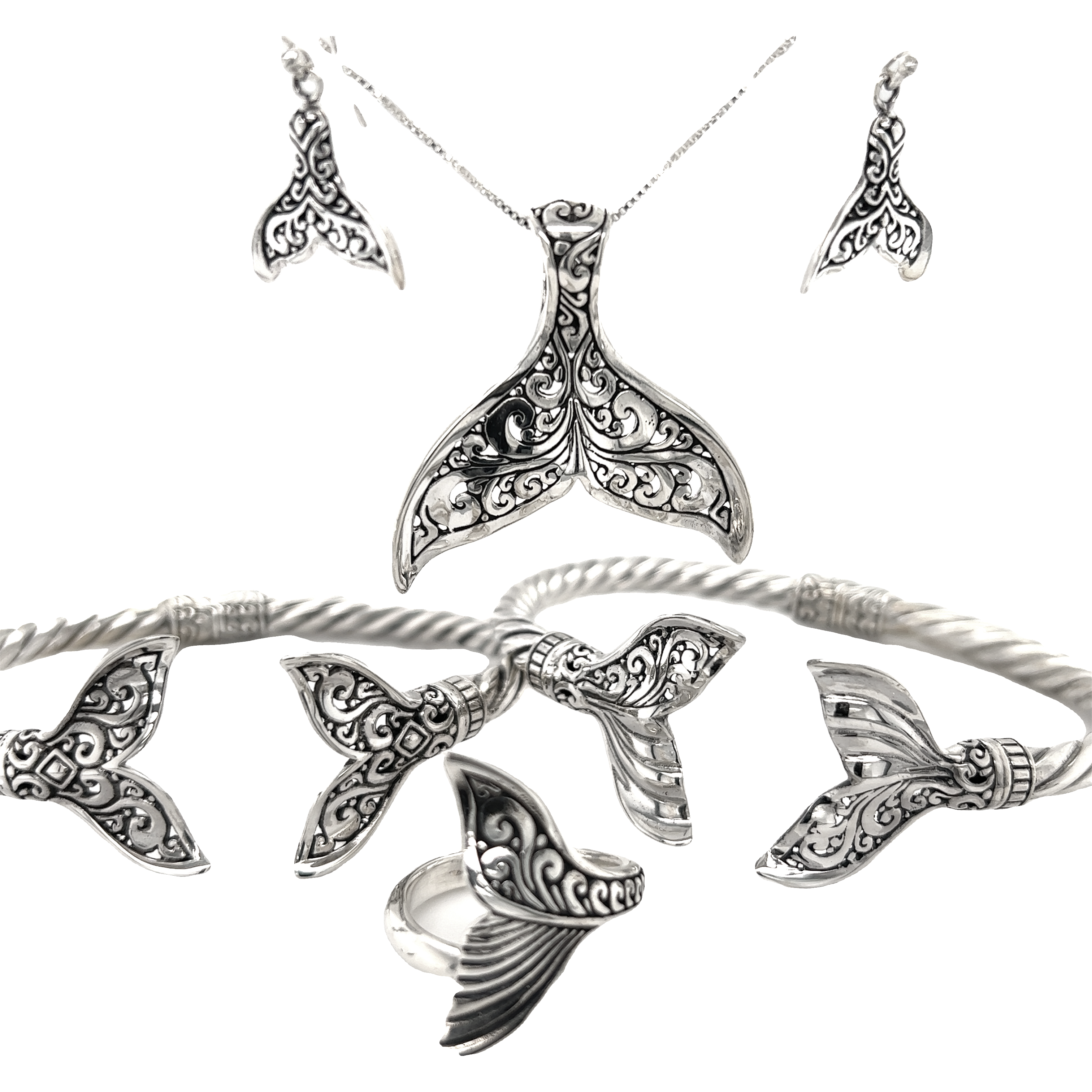 Super Silver's Majestic Half Filigree Whale Tail Cuff Bracelet
